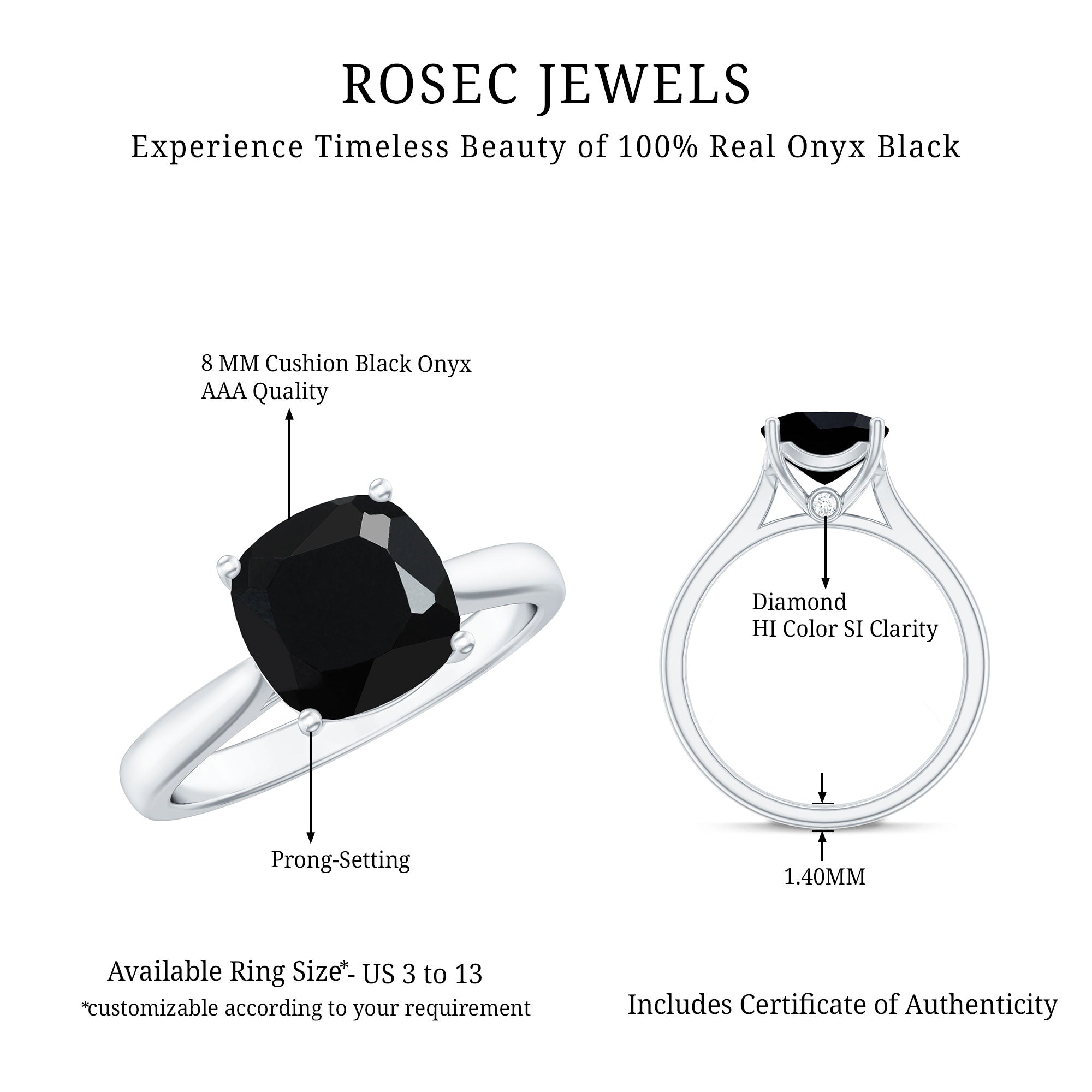8MM Cushion Cut Black Onyx Solitaire Engagement Ring AAA - Rosec Jewels