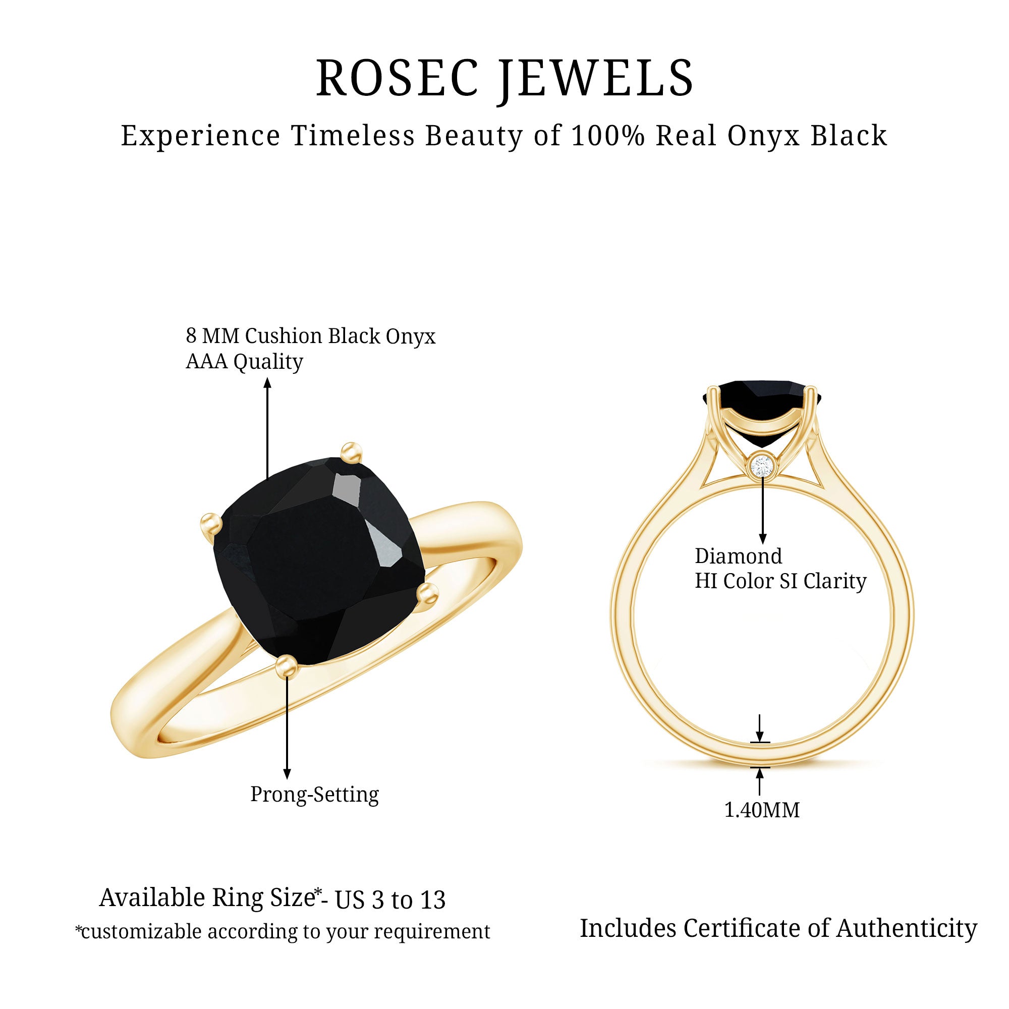 8MM Cushion Cut Black Onyx Solitaire Engagement Ring AAA - Rosec Jewels