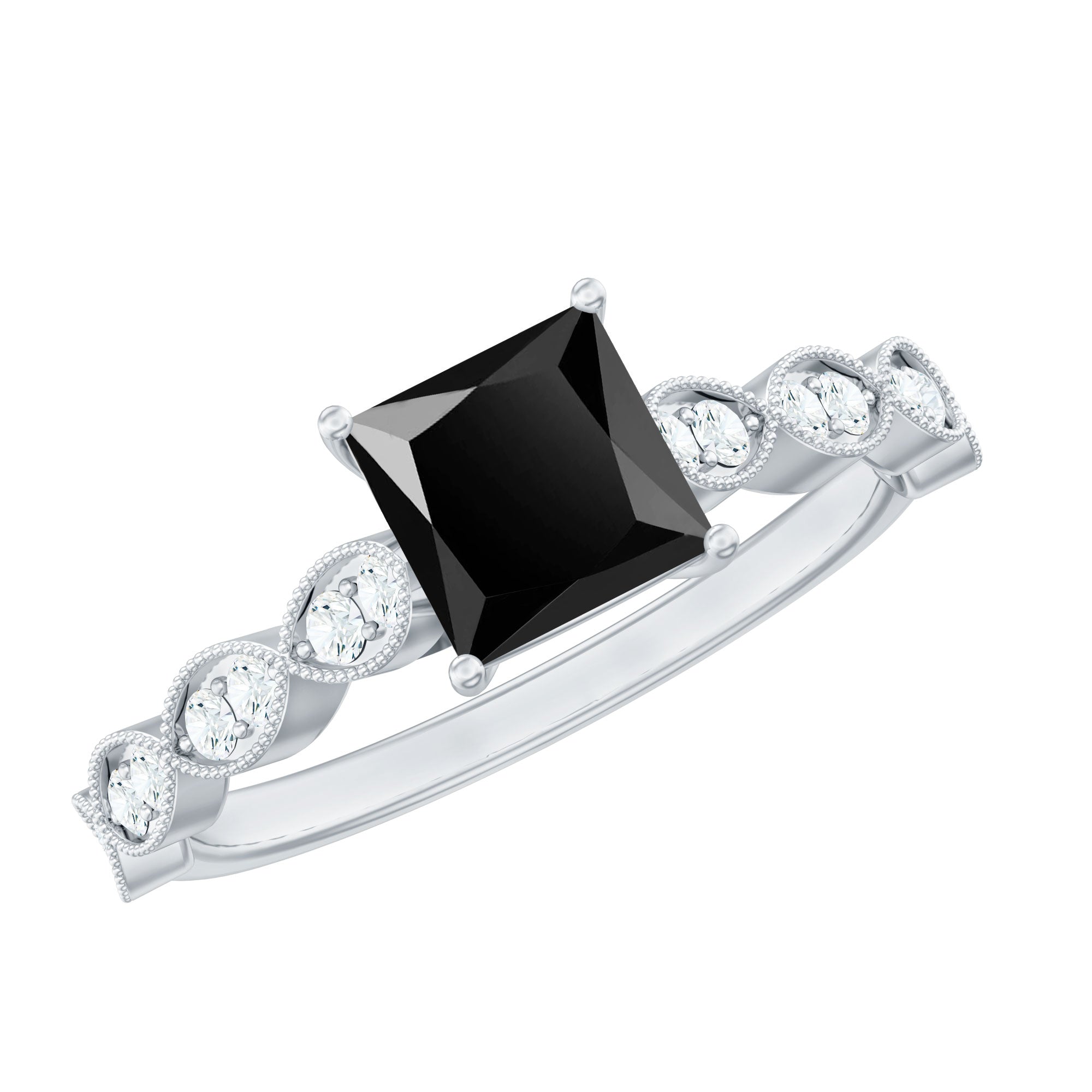 Princess Cut Black Onyx and Diamond Designer Engagement Ring