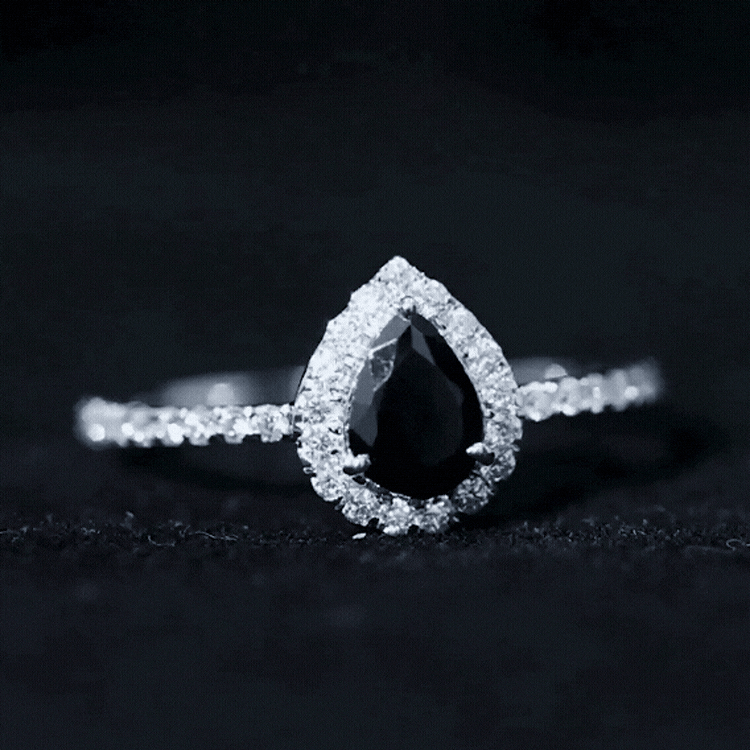 Natural Black Spinel Pear Shaped Engagement Ring with Diamond Halo AAA - Rosec Jewels