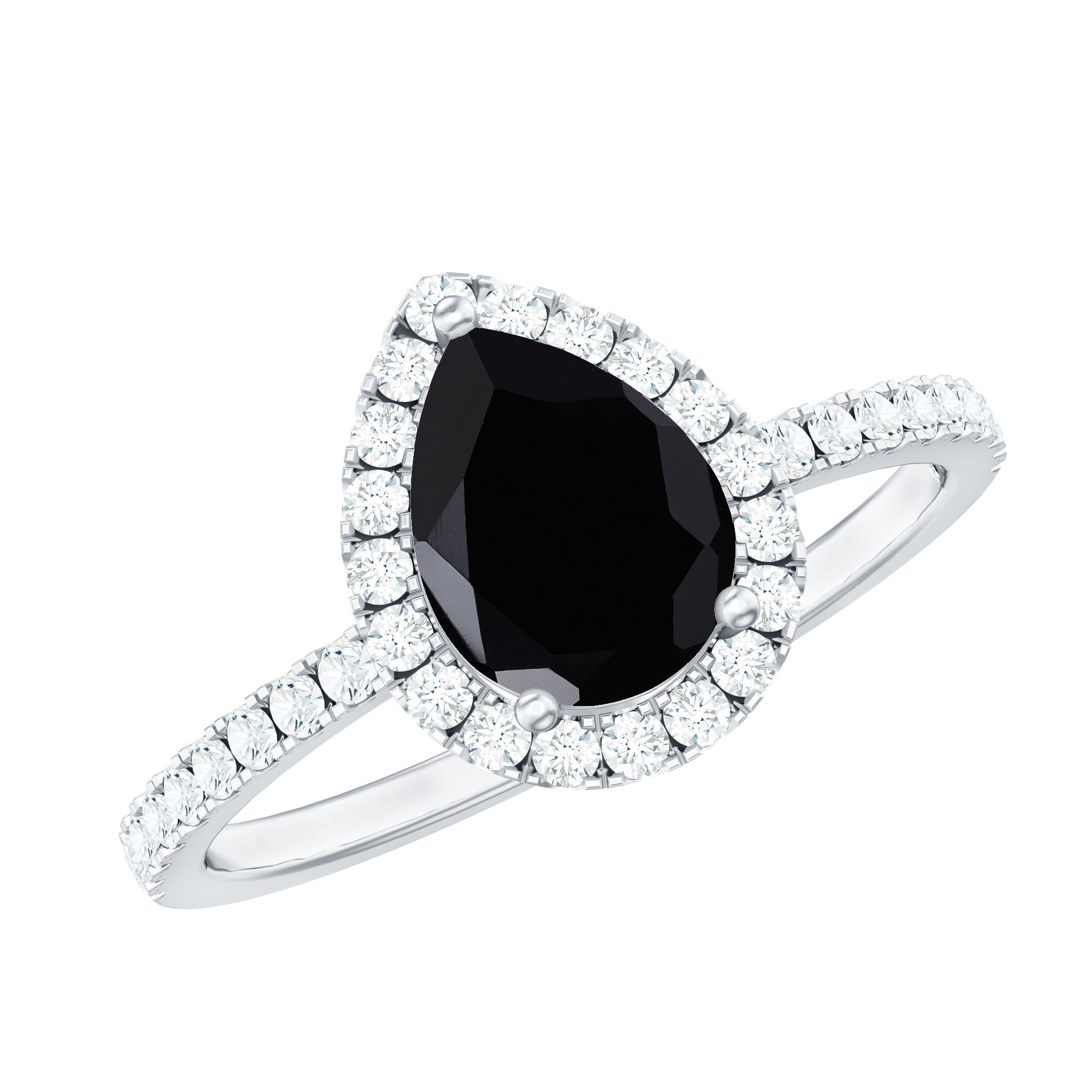 Pear Cut Black Spinel Solitaire Ring with Diamond Accent