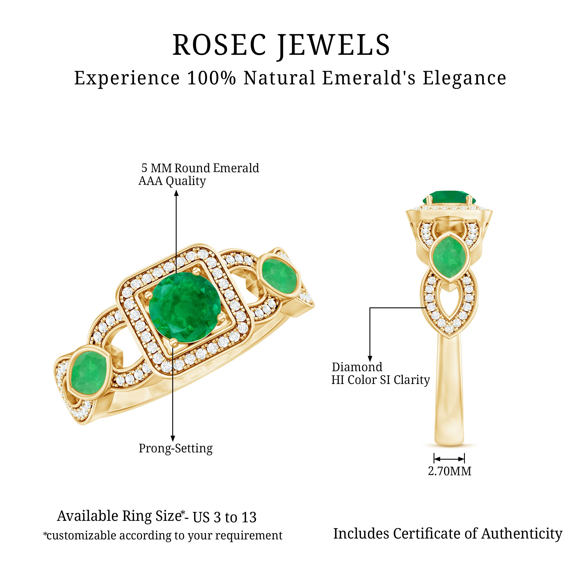 Vintage Style Emerald and Diamond Engagement Ring for Women AAA - Rosec Jewels