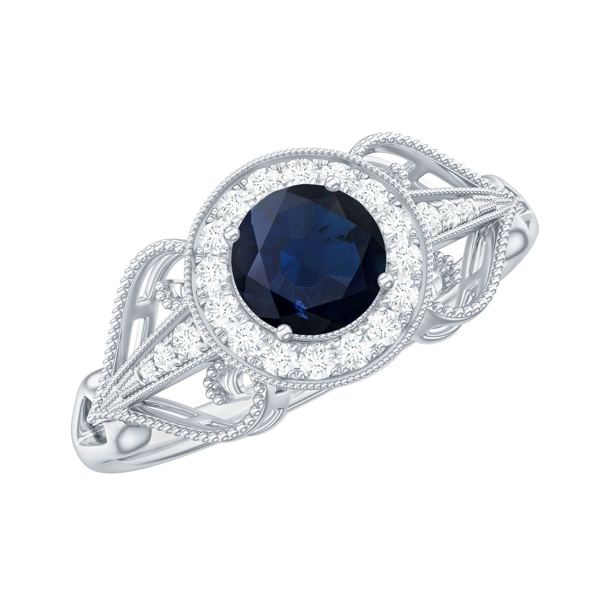 1.25 CT Blue Sapphire Solitaire with Diamond Milgrain Engagement Ring
