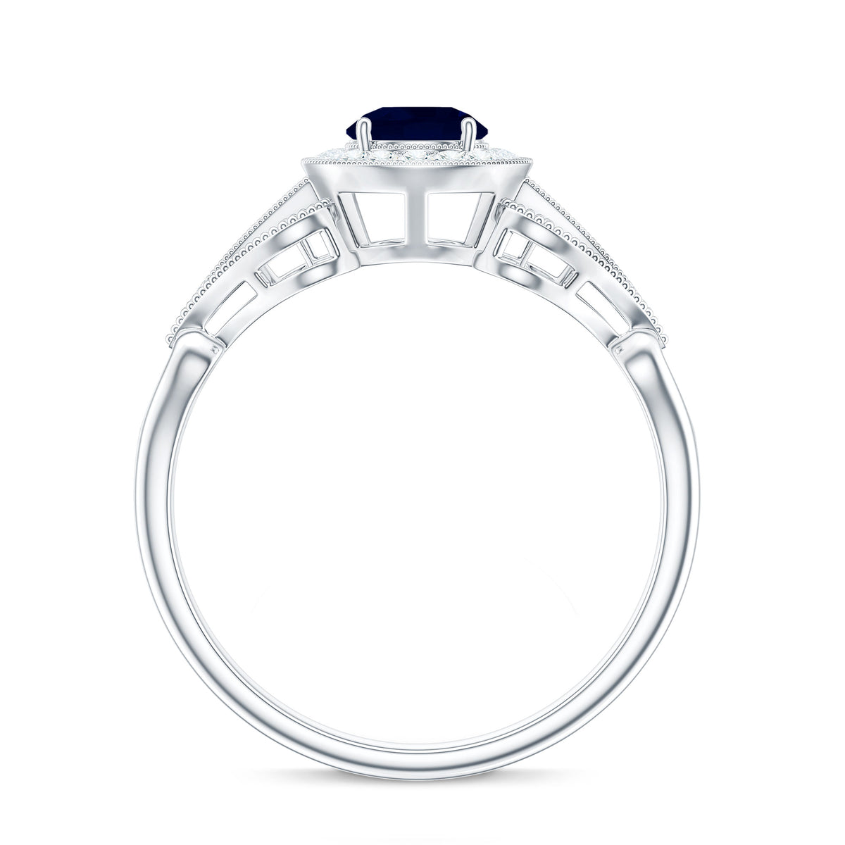 Vintage Looking Blue Sapphire with Diamond Halo Engagement Ring AAA - Rosec Jewels