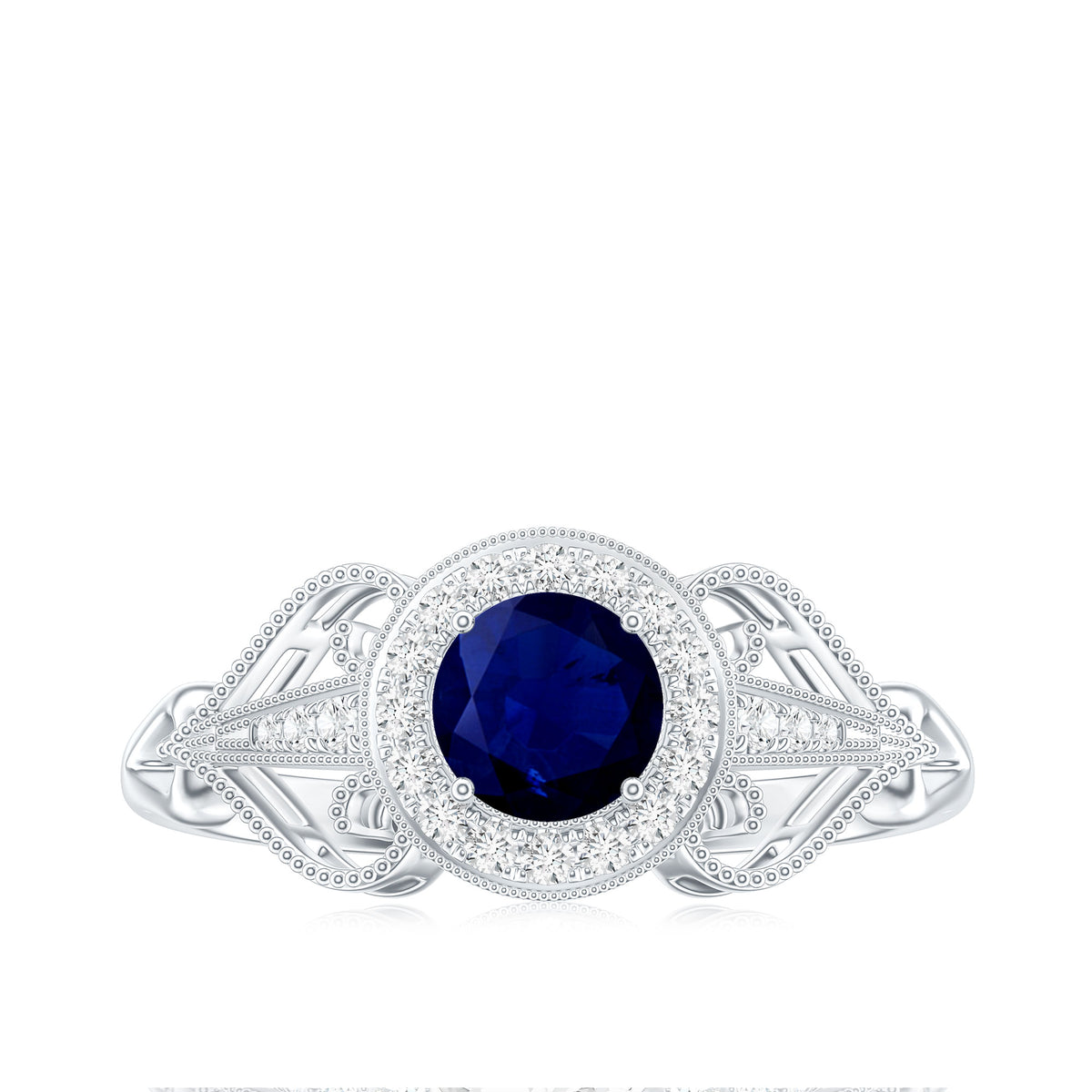 Vintage Looking Blue Sapphire with Diamond Halo Engagement Ring AAA - Rosec Jewels