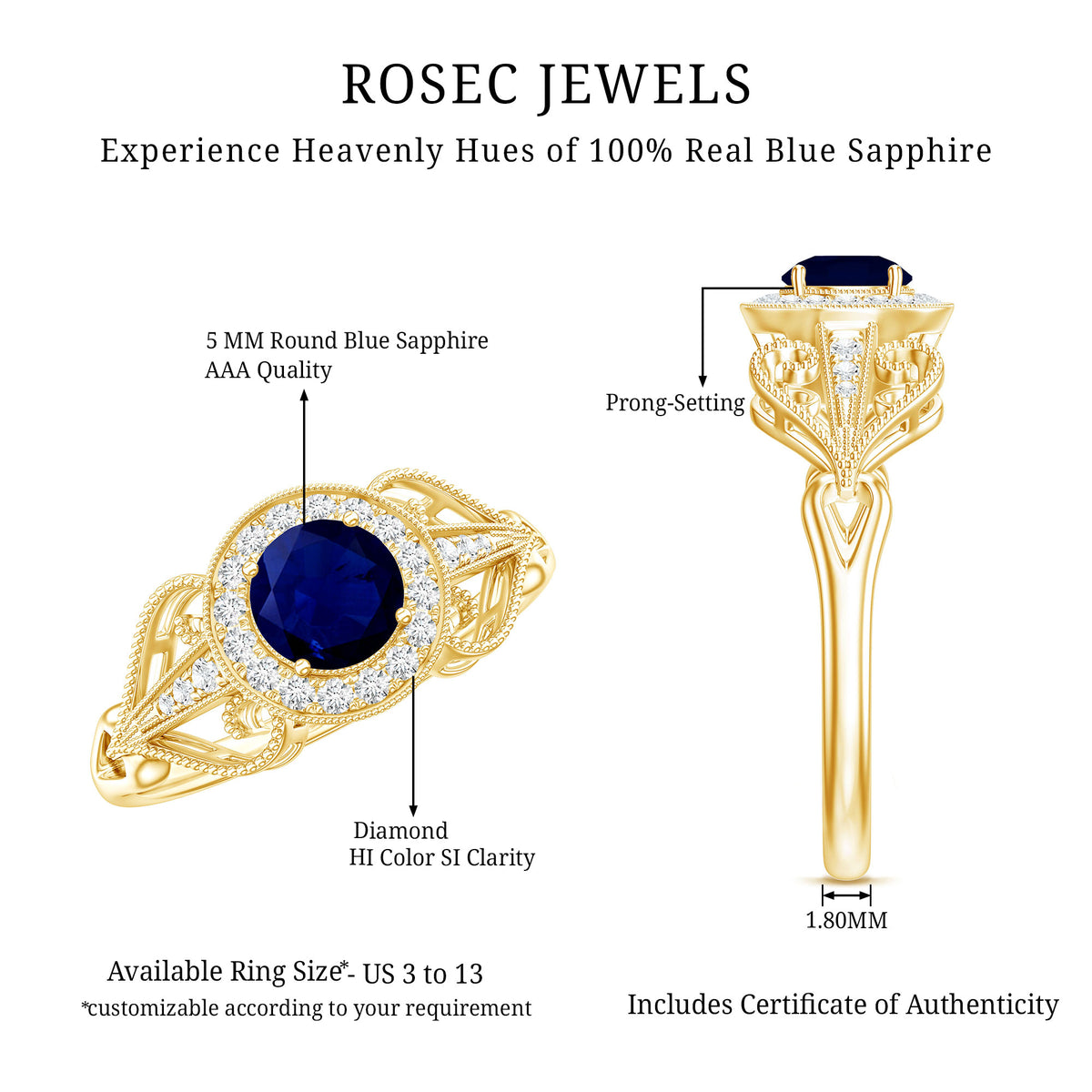 Vintage Looking Blue Sapphire with Diamond Halo Engagement Ring AAA - Rosec Jewels