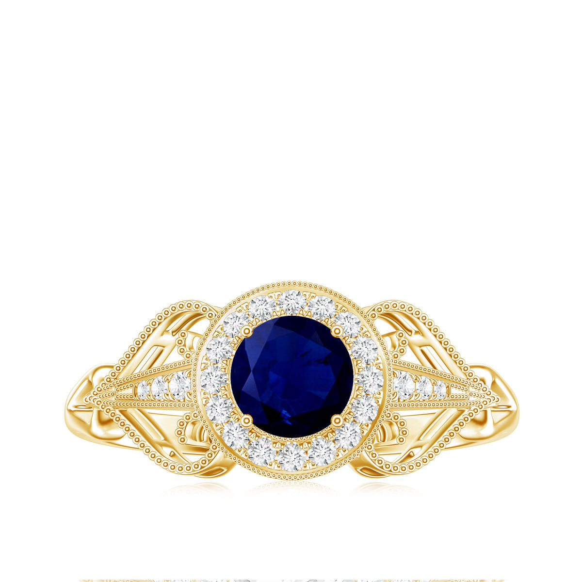 Vintage Looking Blue Sapphire with Diamond Halo Engagement Ring AAA - Rosec Jewels