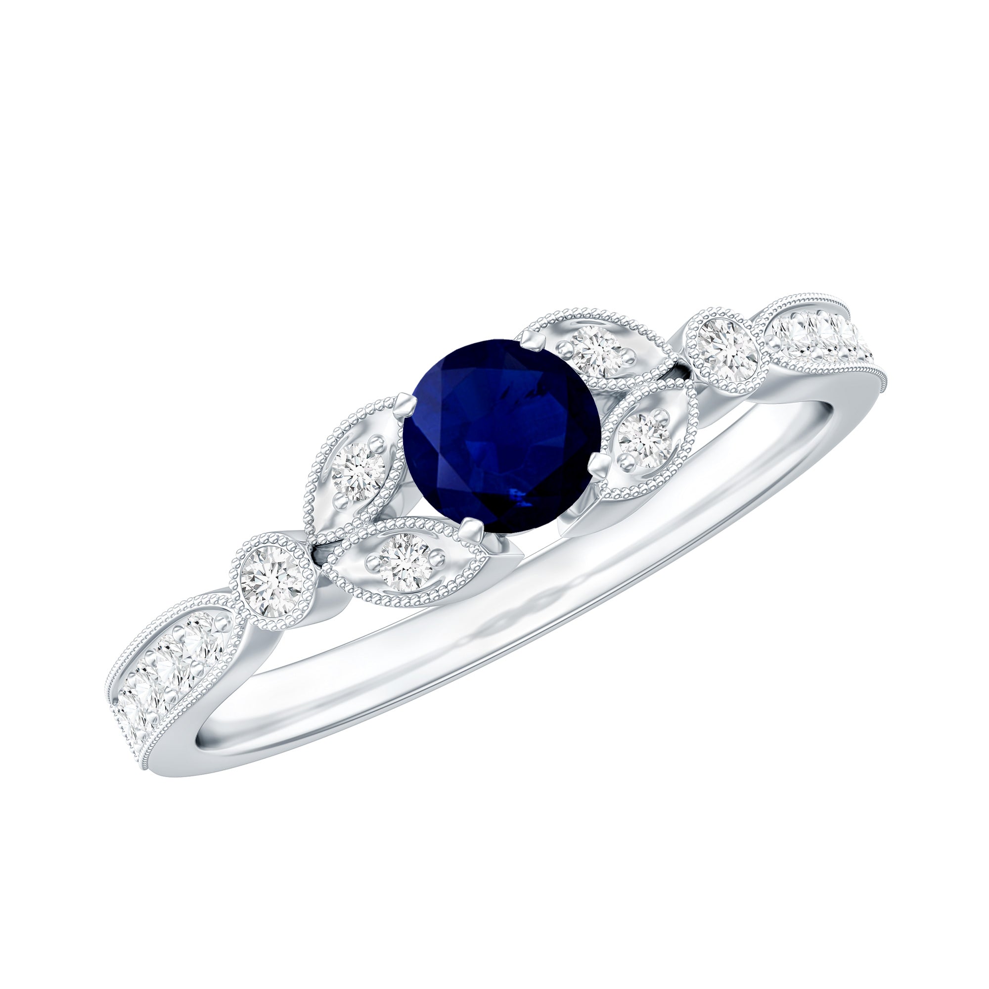 Vintage Inspired Blue Sapphire and Diamond Engagement Ring with Milgrain Details AAA - Rosec Jewels