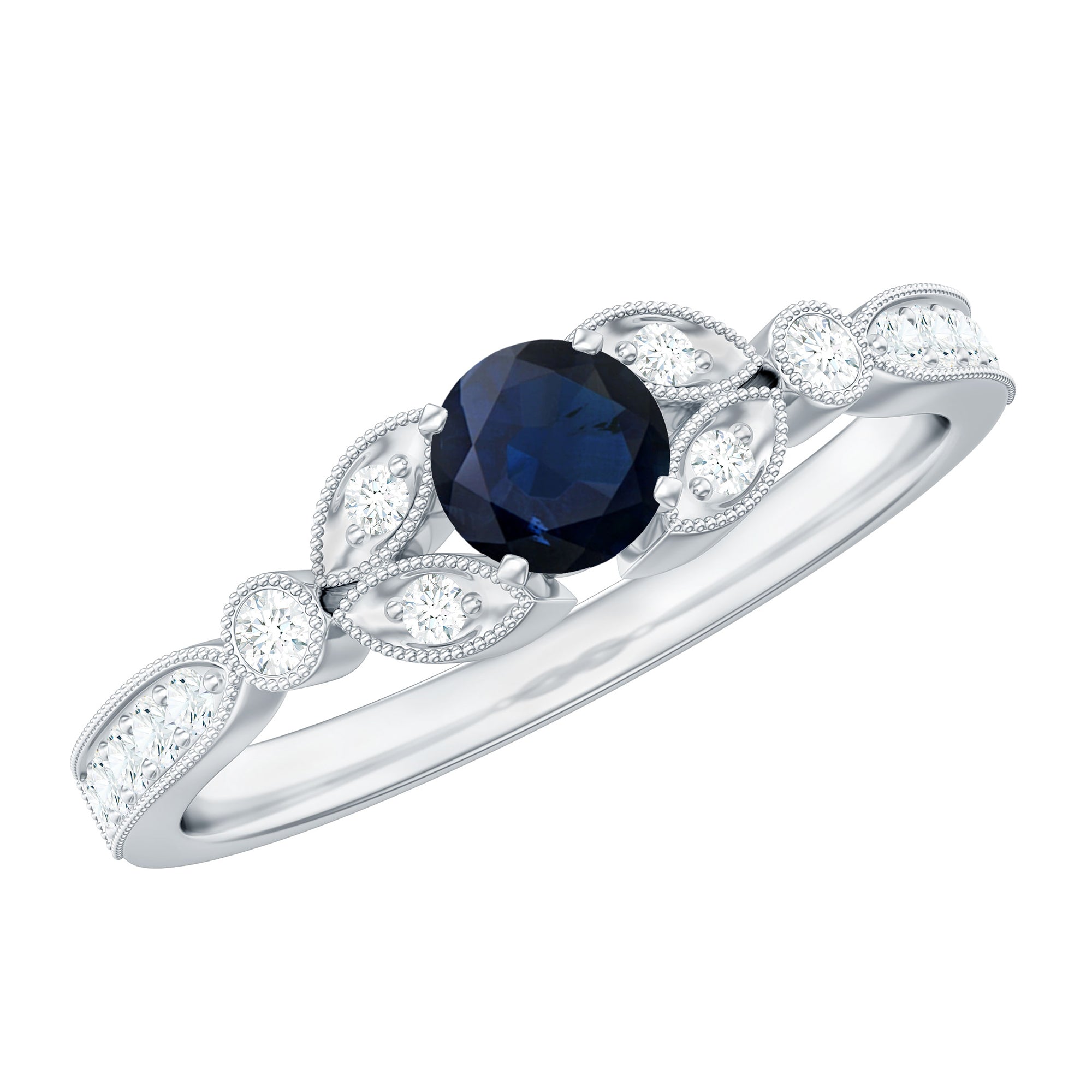 Rosec Jewels-Vintage Inspired Blue Sapphire and Diamond Engagement Ring with Milgrain Details