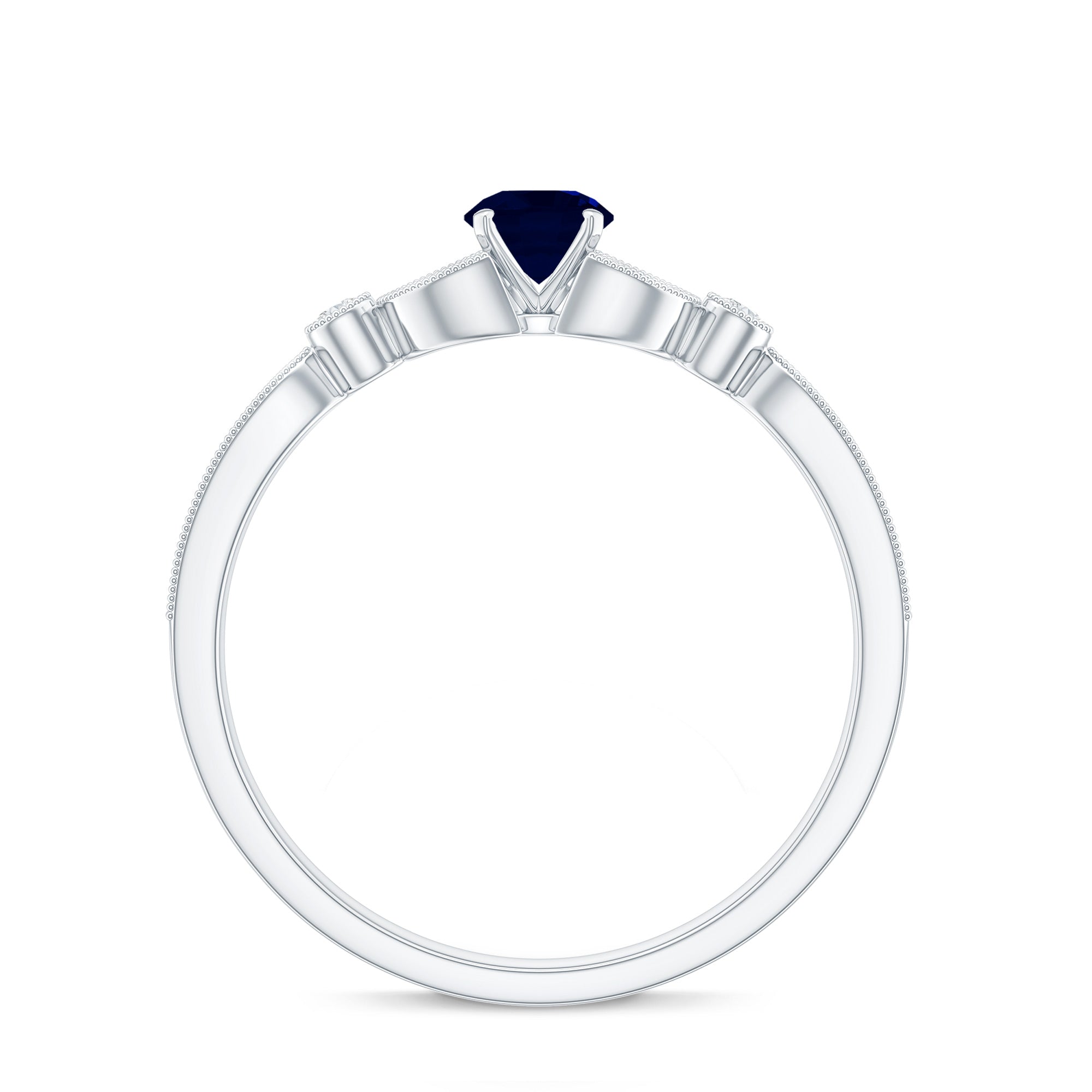 Vintage Inspired Blue Sapphire and Diamond Engagement Ring with Milgrain Details AAA - Rosec Jewels