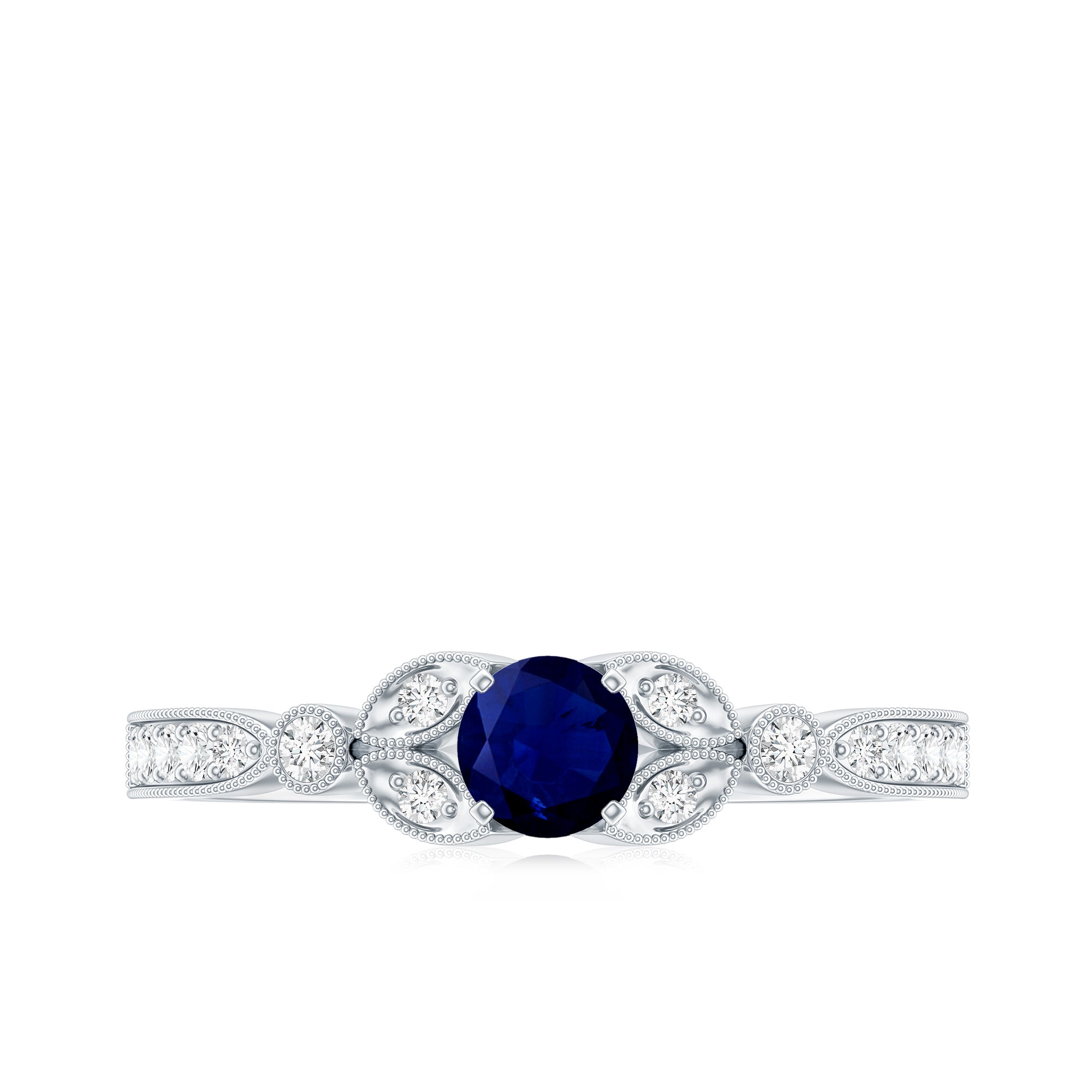 Vintage Inspired Blue Sapphire and Diamond Engagement Ring with Milgrain Details AAA - Rosec Jewels
