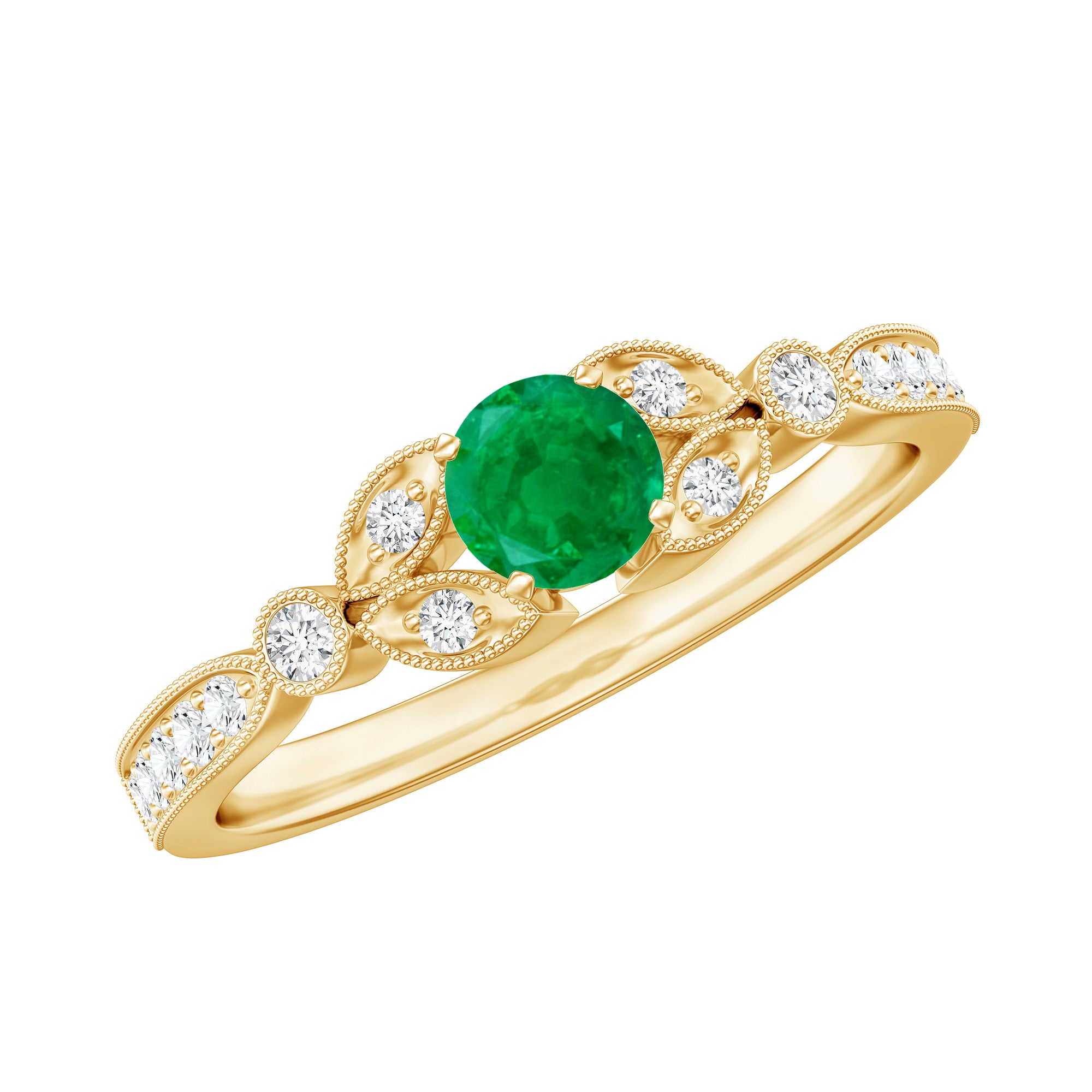 Natural Emerald Vintage Inspired Engagement Ring with Diamond AAA - Rosec Jewels