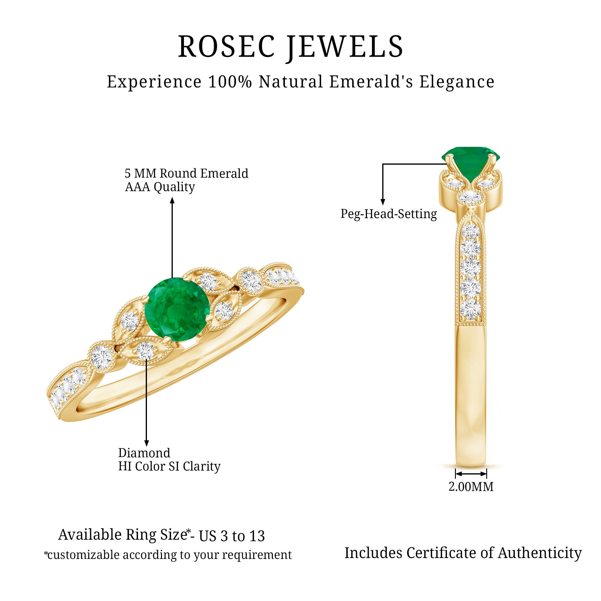Natural Emerald Vintage Inspired Engagement Ring with Diamond AAA - Rosec Jewels