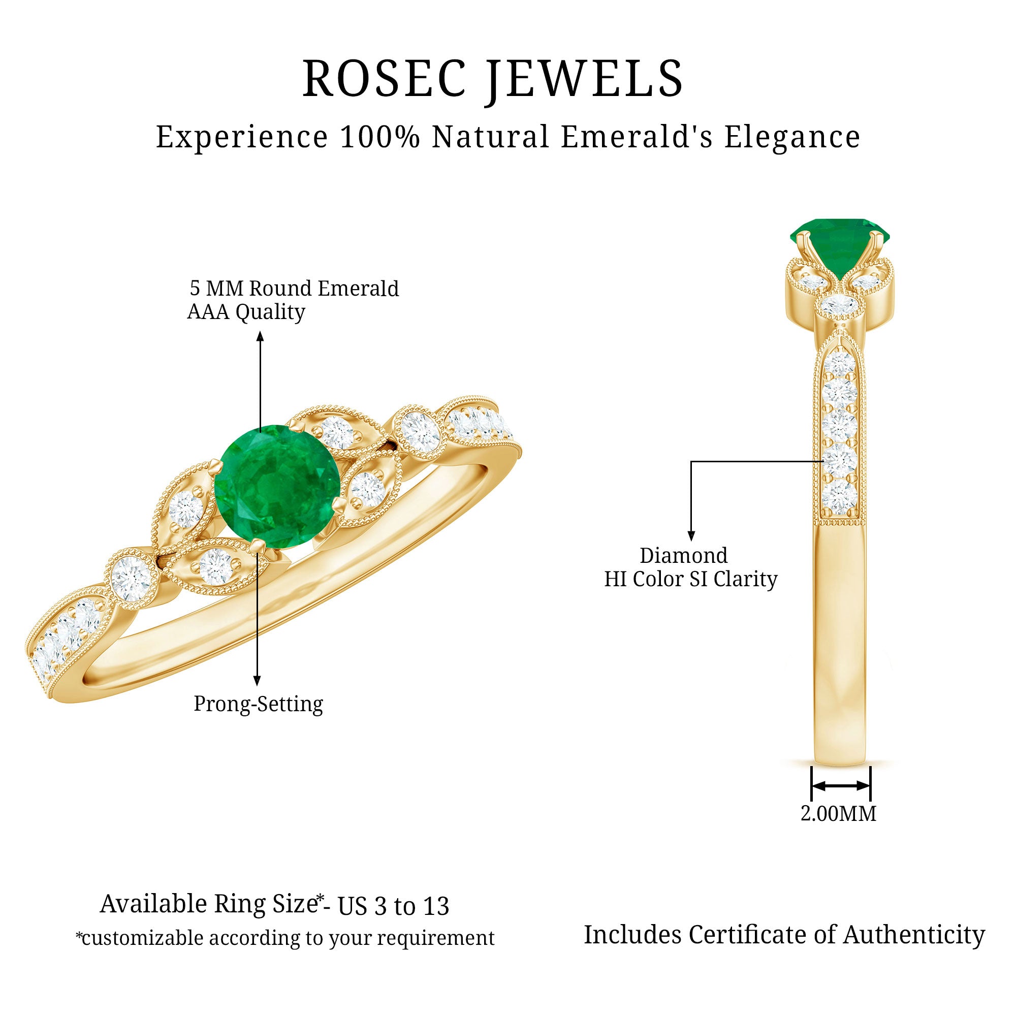 Rosec Jewels-Natural Emerald Vintage Inspired Engagement Ring with Diamond