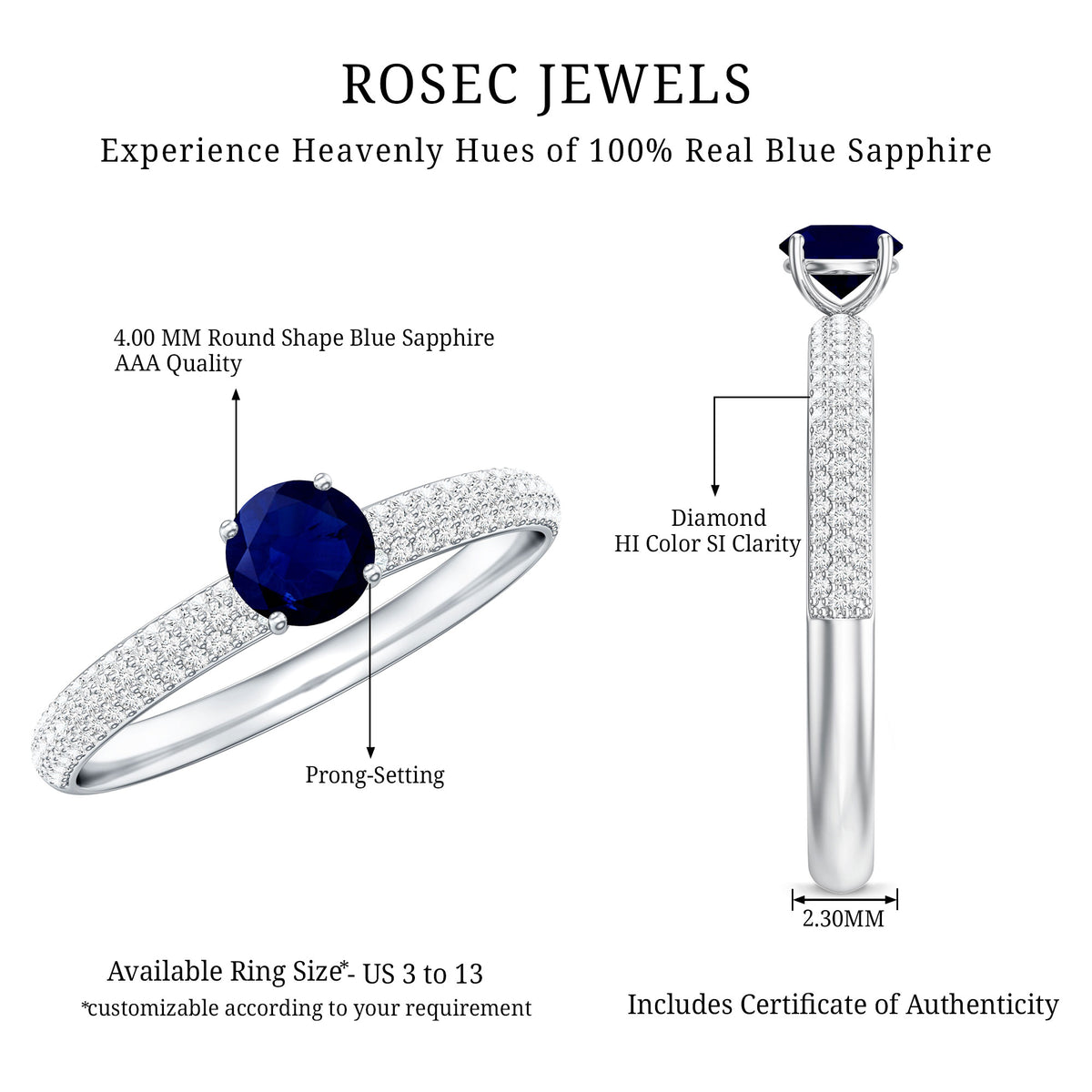 Genuine Blue Sapphire and Diamond Side Stone Engagement Ring AAA - Rosec Jewels