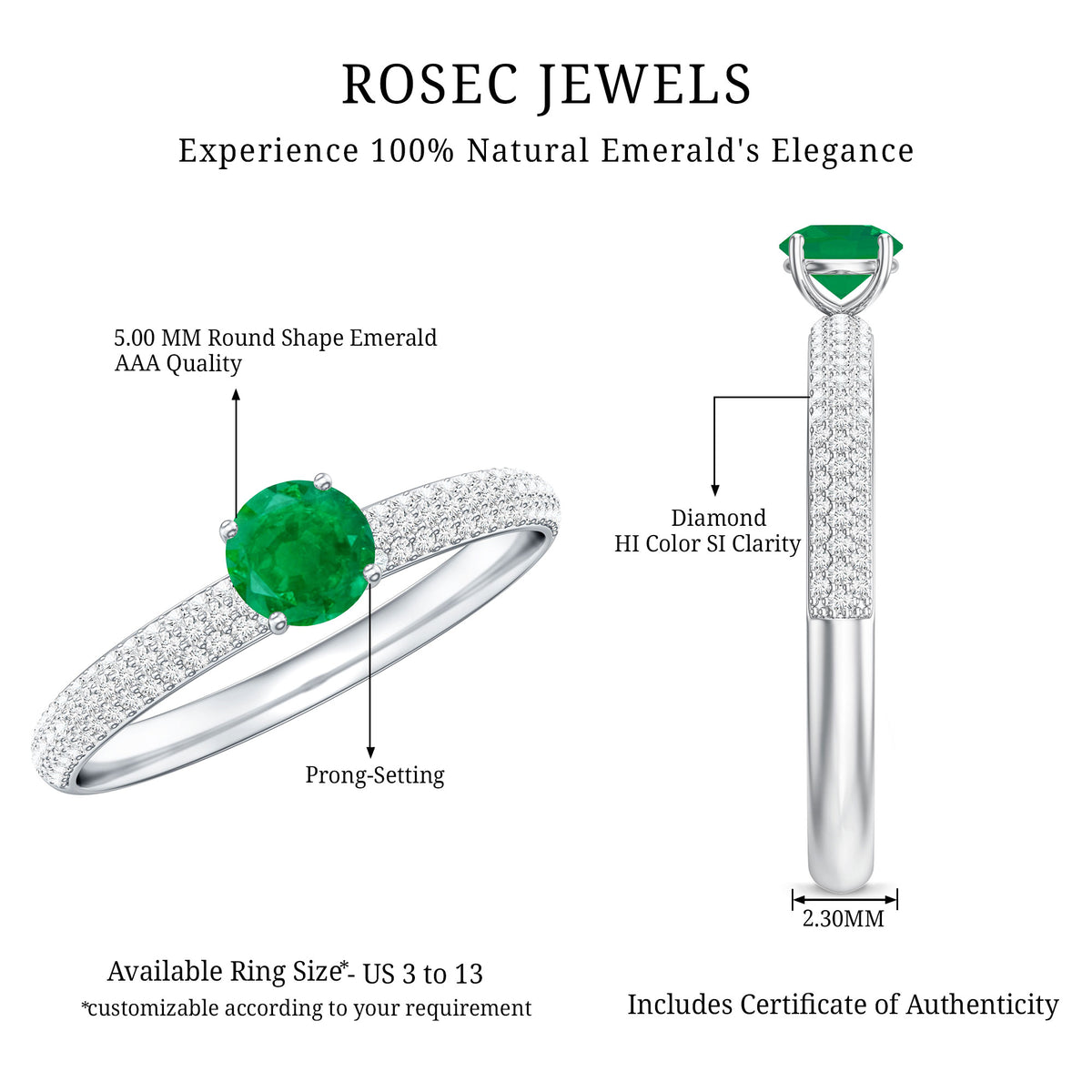 Classic Emerald Solitaire Engagement Ring with Real Diamond Side Stones AAA - Rosec Jewels