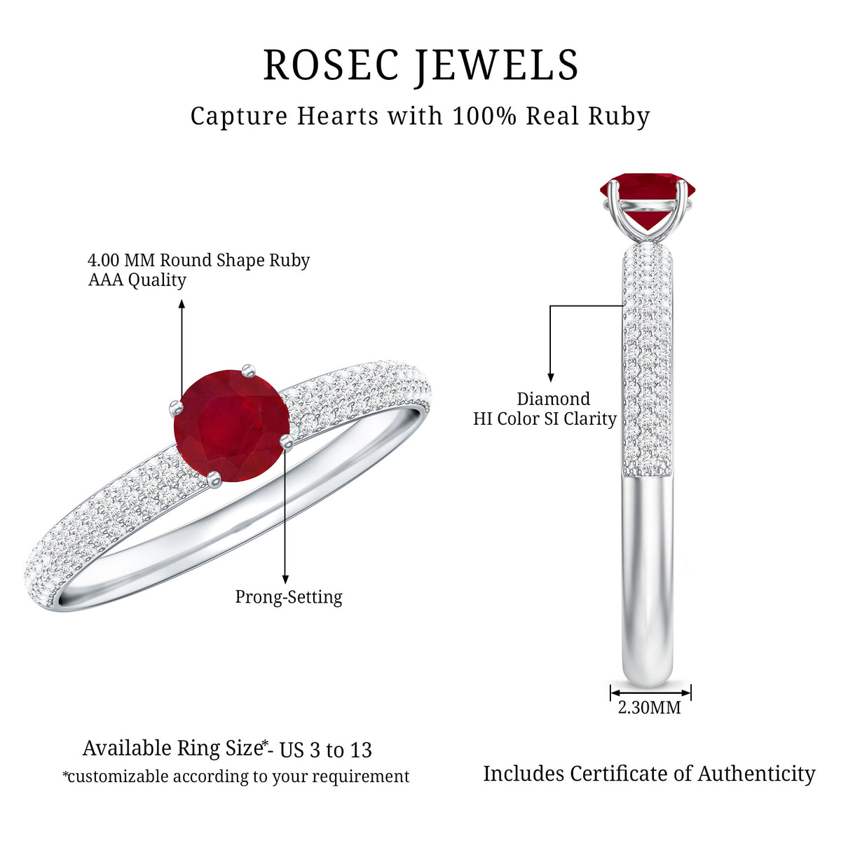 Natural Ruby Diamond Engagement Ring for Women AAA - Rosec Jewels