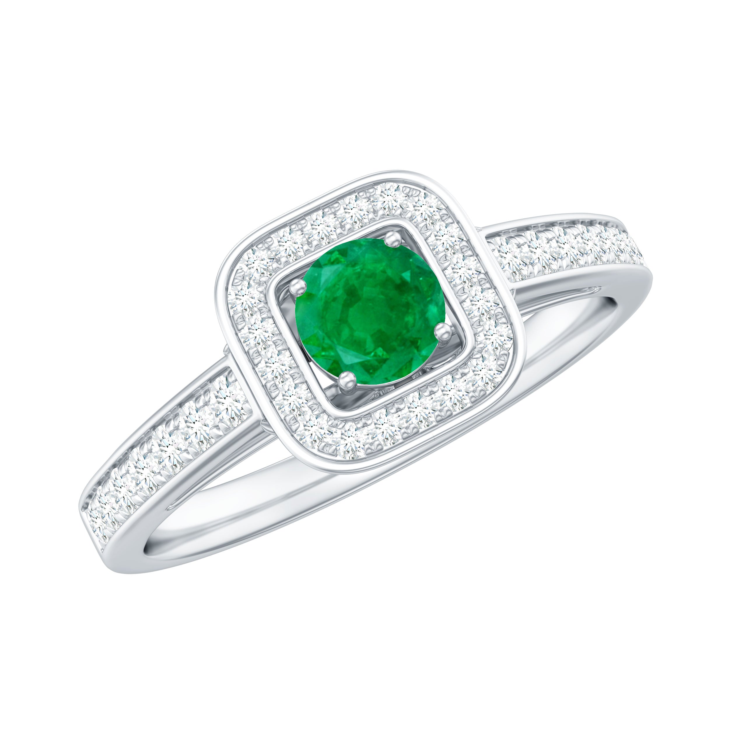 Vintage Inspired Emerald Engagement Ring with Diamond Halo