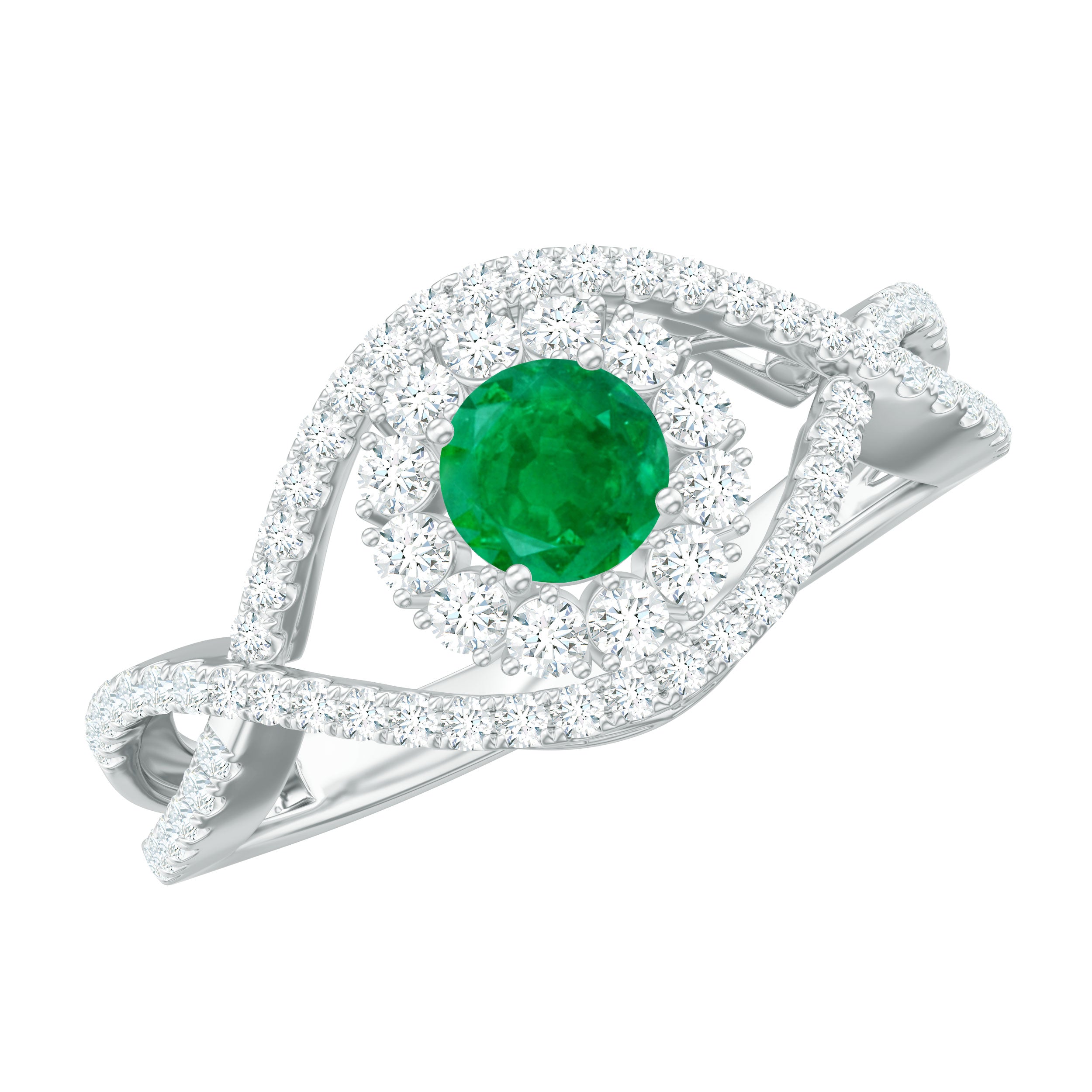 Natural Emerald Engagement Ring with Diamond Crossover Shank AAA - Rosec Jewels