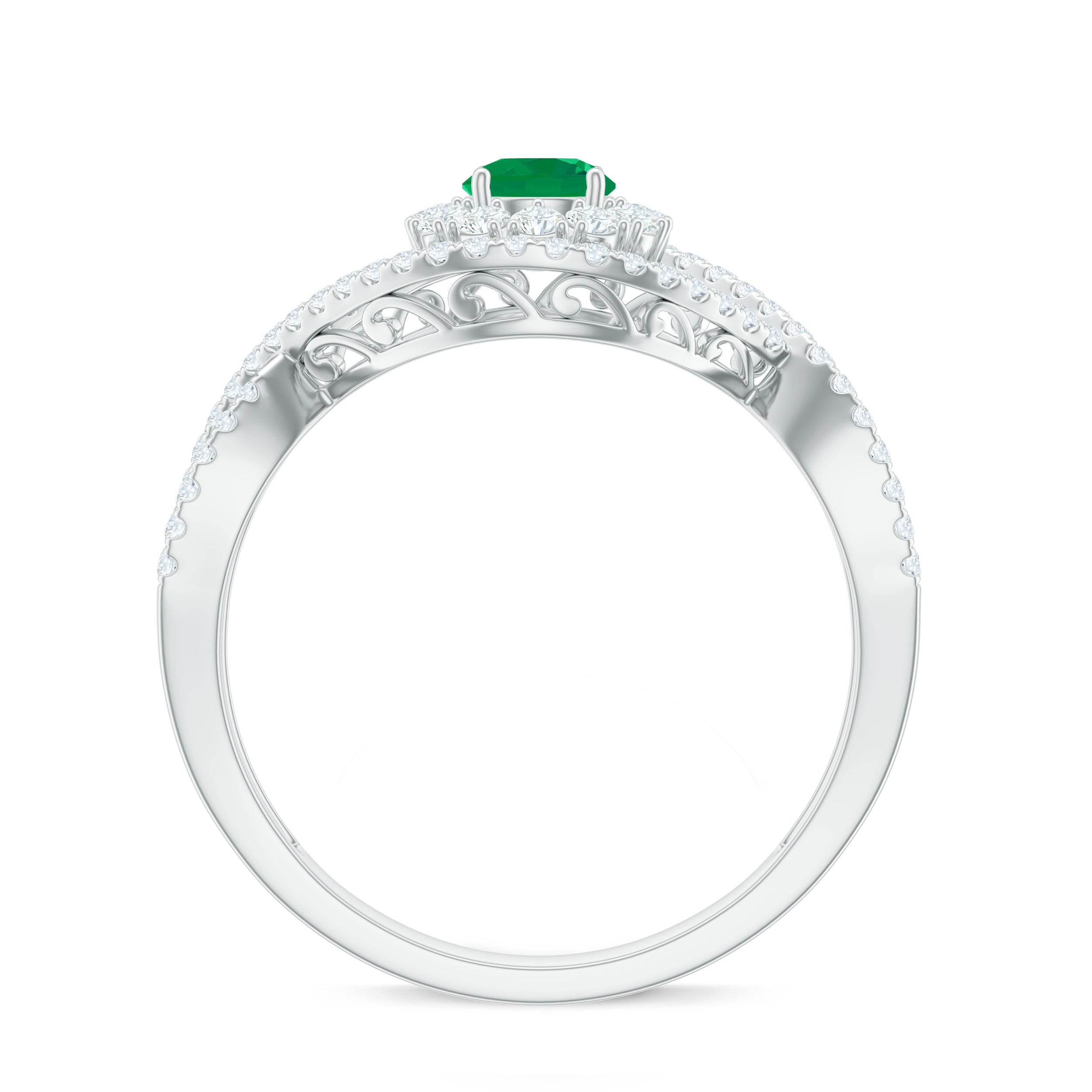 Natural Emerald Engagement Ring with Diamond Crossover Shank AAA - Rosec Jewels