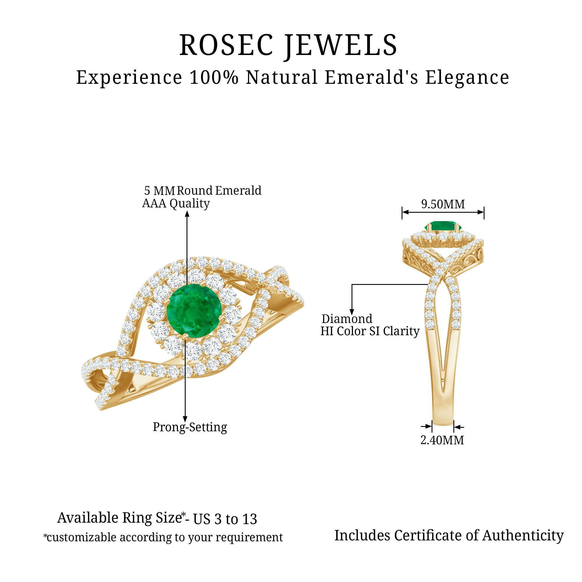 Natural Emerald Engagement Ring with Diamond Crossover Shank AAA - Rosec Jewels