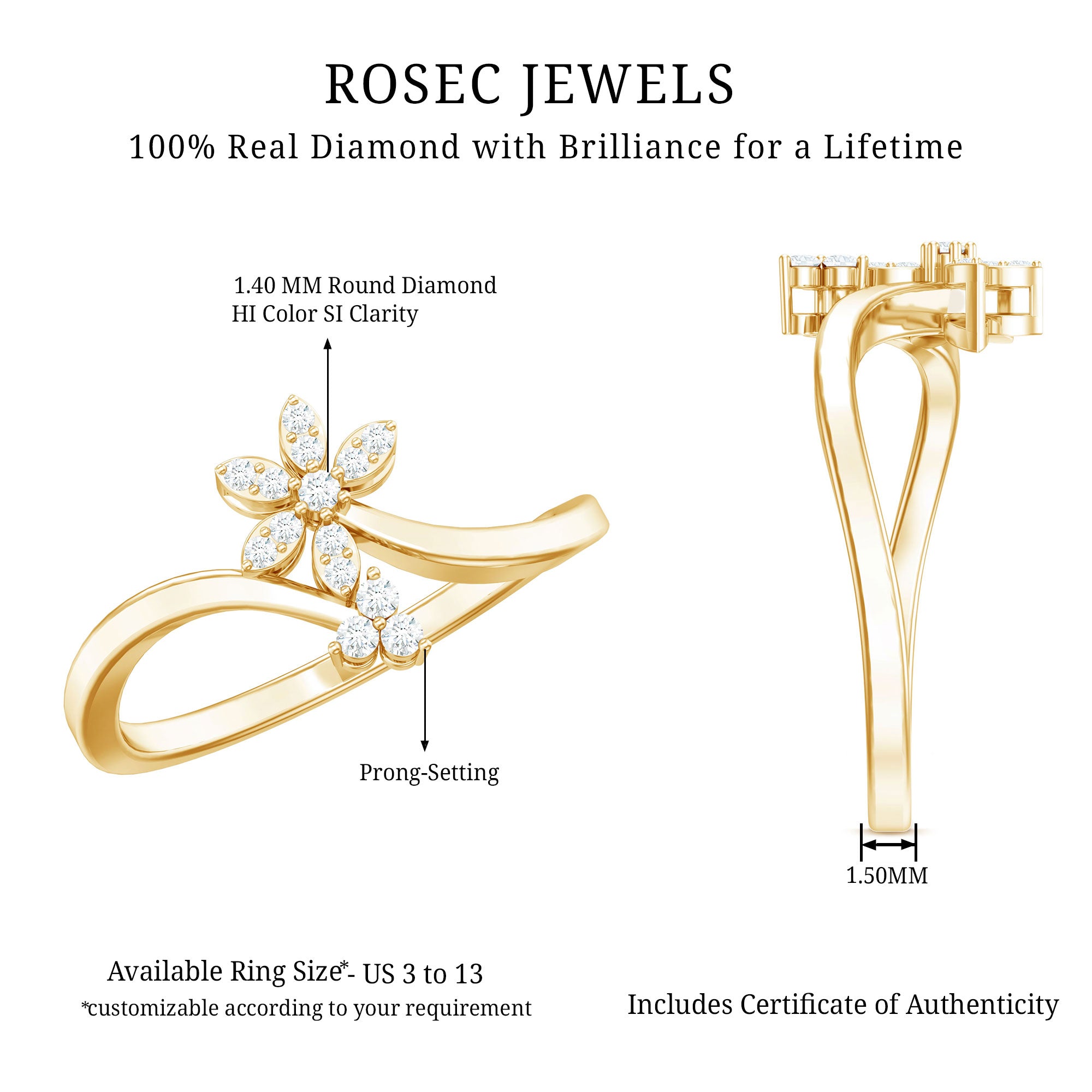 Diamond Floral Ring with Curved Shank Natural - ( HI-SI ) - Rosec Jewels