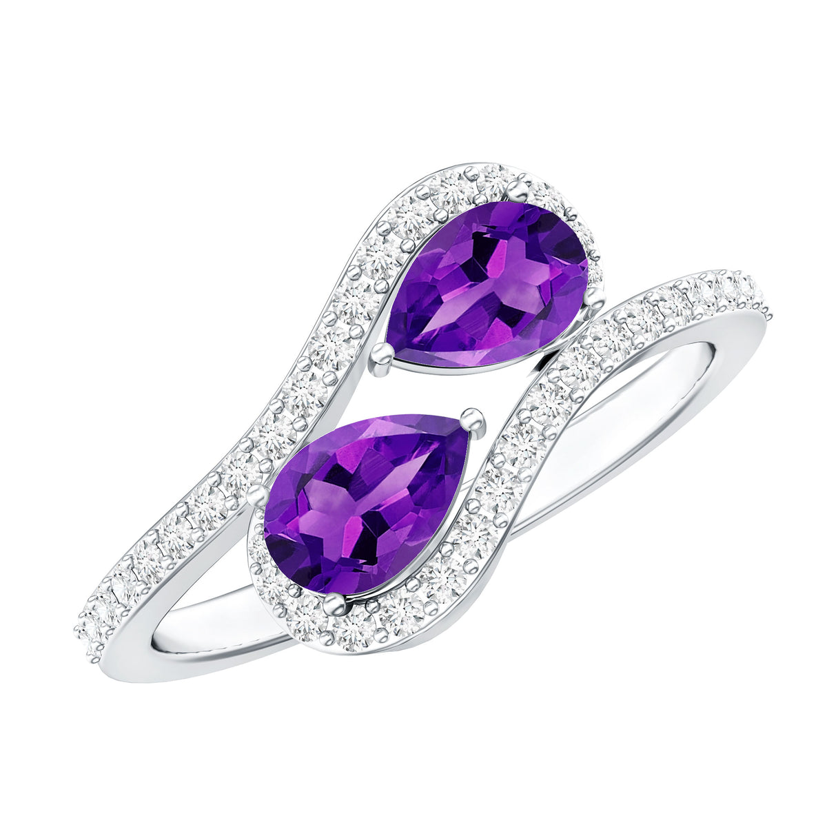 Vintage Inspired Amethyst 2 Stone Bypass Engagement Ring with Diamond AAA - Rosec Jewels