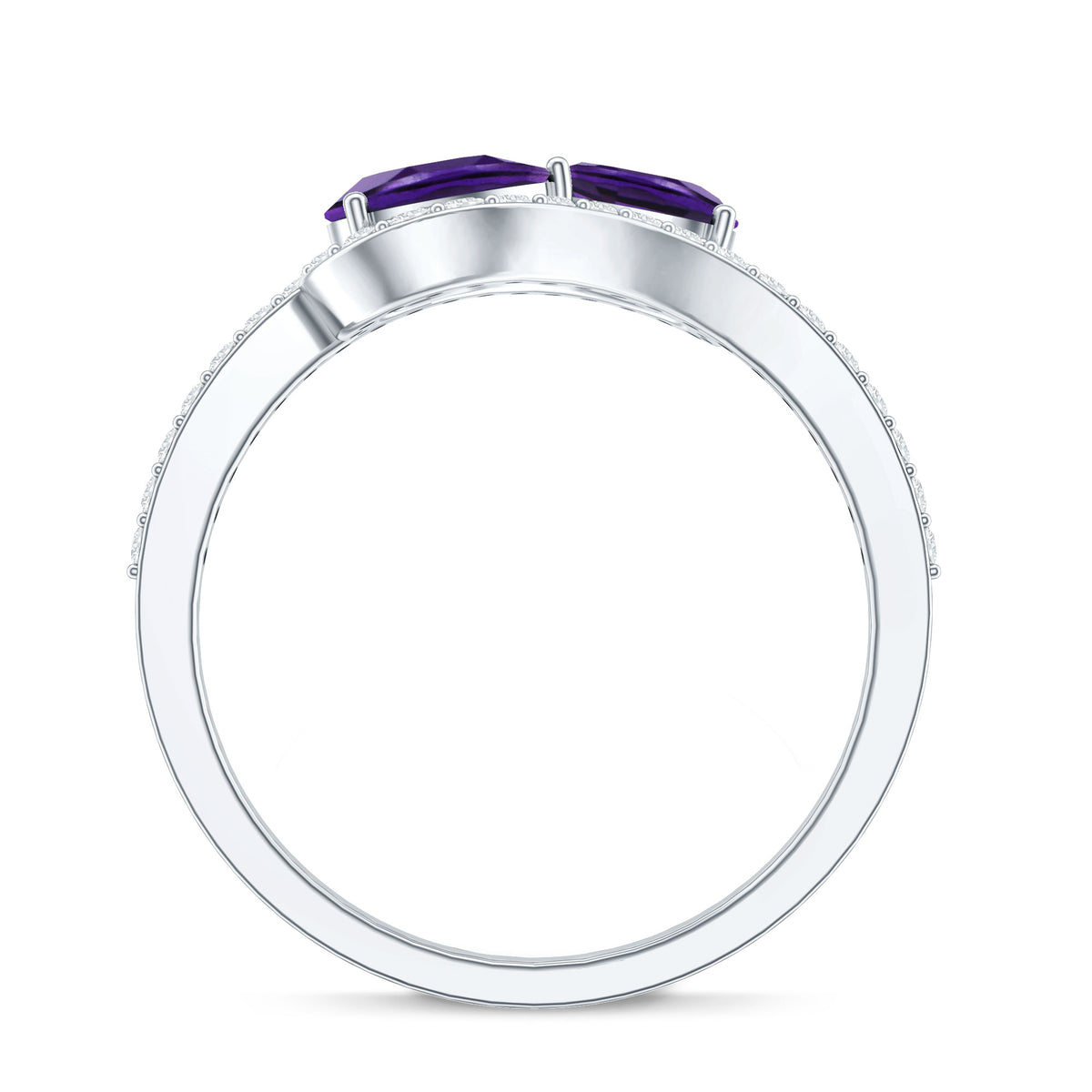 Vintage Inspired Amethyst 2 Stone Bypass Engagement Ring with Diamond AAA - Rosec Jewels