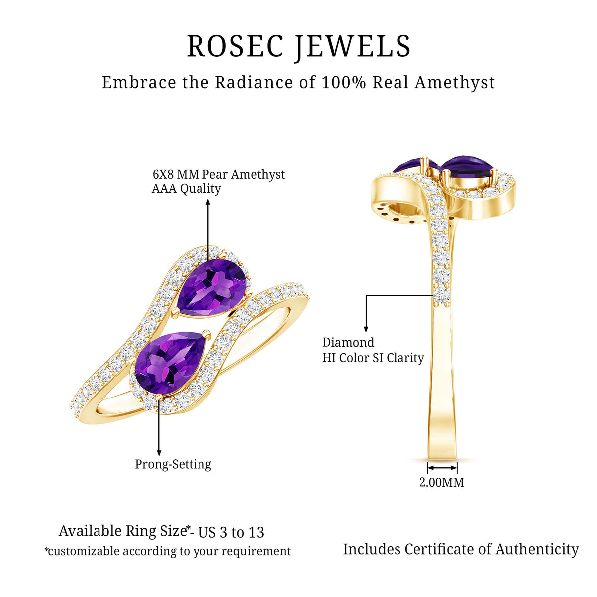 Vintage Inspired Amethyst 2 Stone Bypass Engagement Ring with Diamond AAA - Rosec Jewels