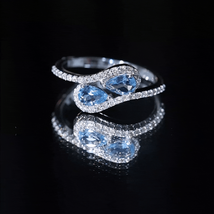 Genuine Aquamarine Two Stone Engagement Ring with Diamond AAA - Rosec Jewels