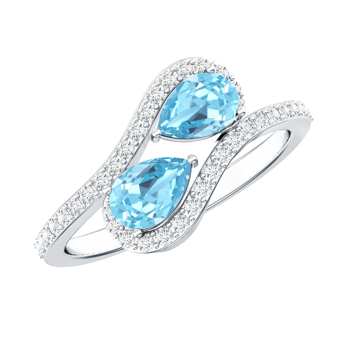Genuine Aquamarine Two Stone Engagement Ring with Diamond AAA - Rosec Jewels