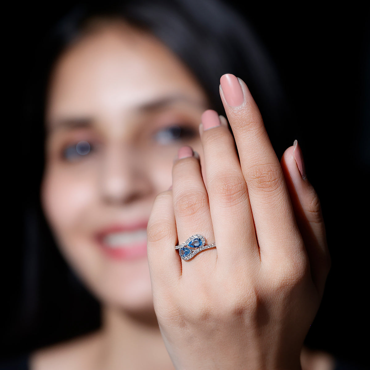 Genuine Aquamarine Two Stone Engagement Ring with Diamond AAA - Rosec Jewels