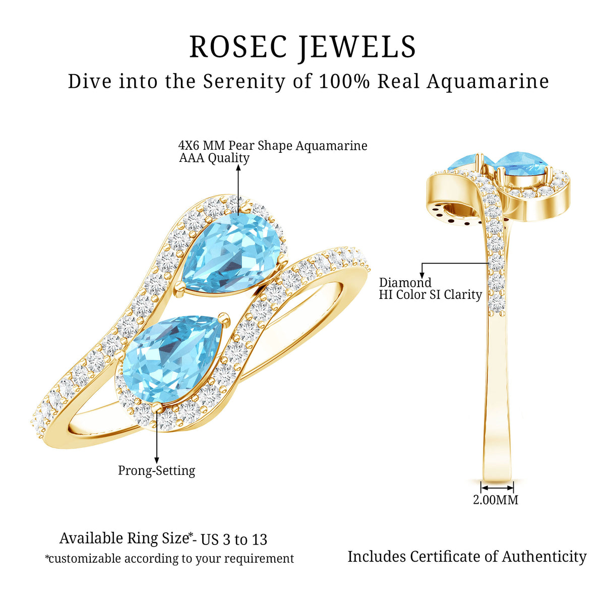 Genuine Aquamarine Two Stone Engagement Ring with Diamond AAA - Rosec Jewels