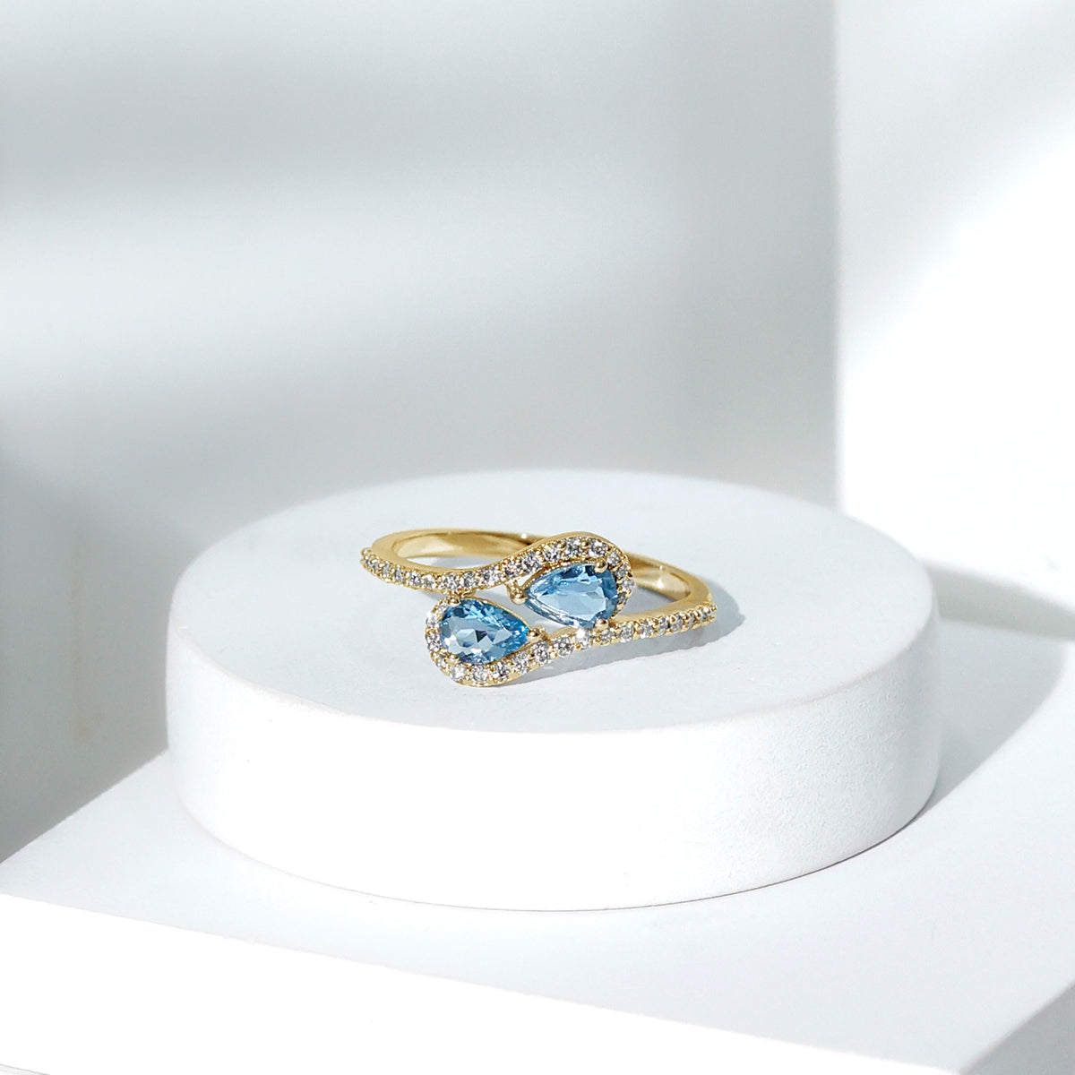 Genuine Aquamarine Two Stone Engagement Ring with Diamond AAA - Rosec Jewels