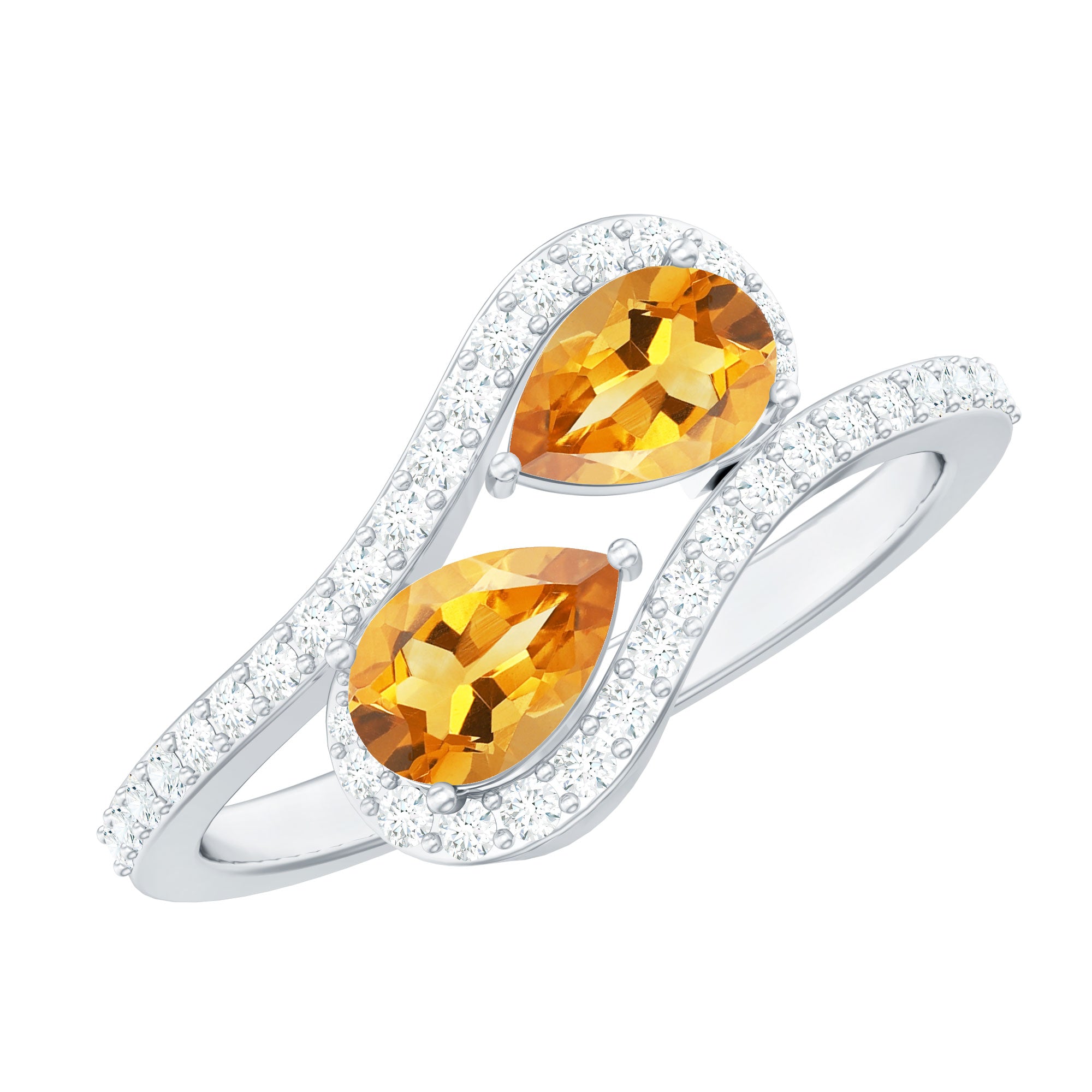 Pear Shape Citrine Two Stone Bypass Ring with Diamond