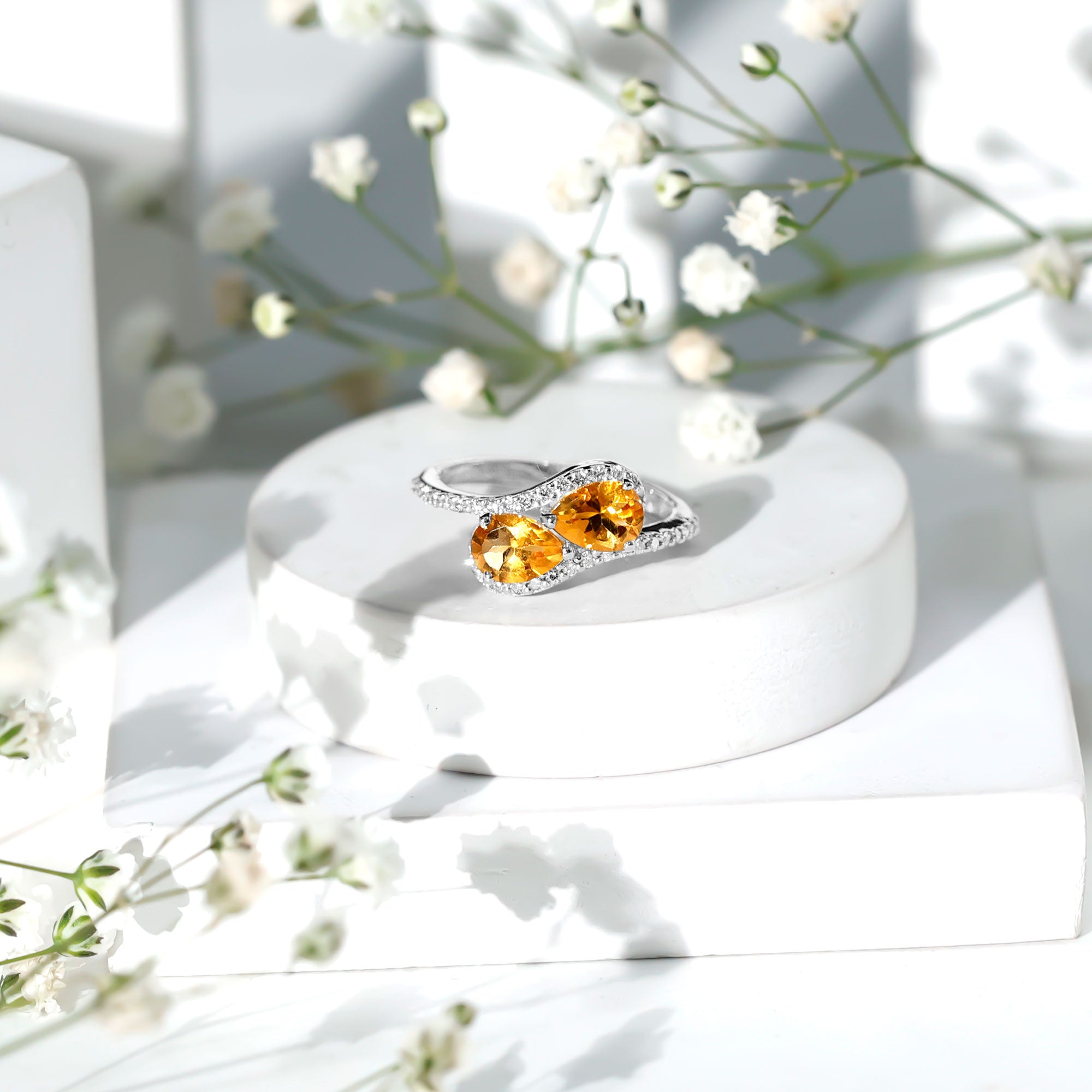 Pear Shape Citrine Two Stone Engagement Ring with Diamond AAA - Rosec Jewels