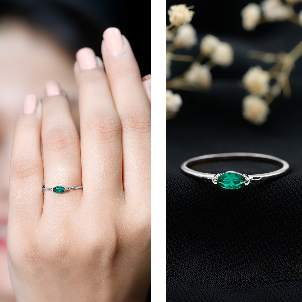 4X8 MM Marquise Lab Grown Emerald East West Promise Ring AAAA - Rosec Jewels