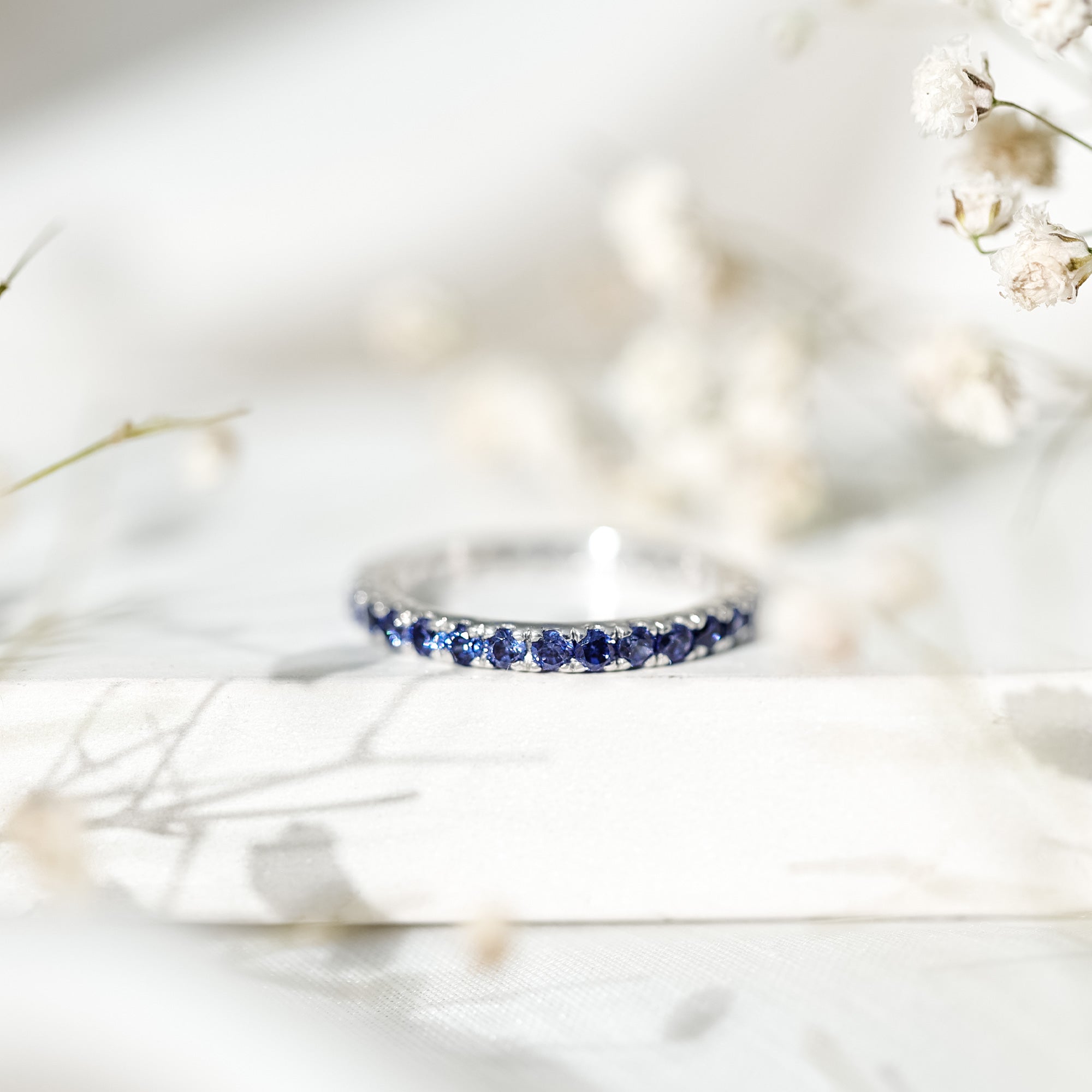 Certified Lab Created Blue Sapphire Full Eternity Stackable Ring AAAA - Rosec Jewels