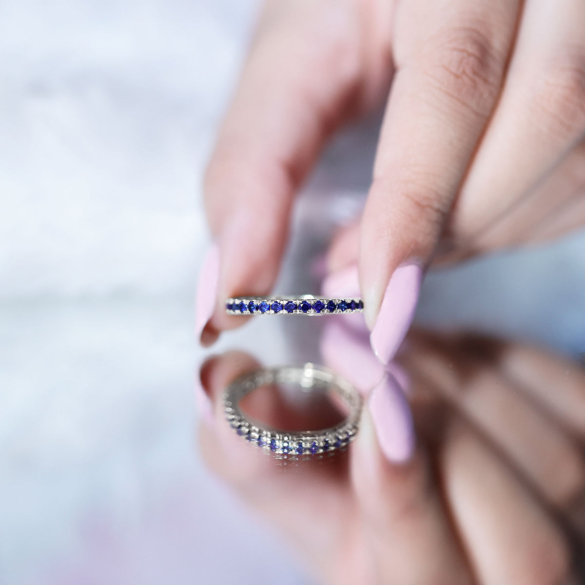 Certified Lab Created Blue Sapphire Full Eternity Stackable Ring AAAA - Rosec Jewels