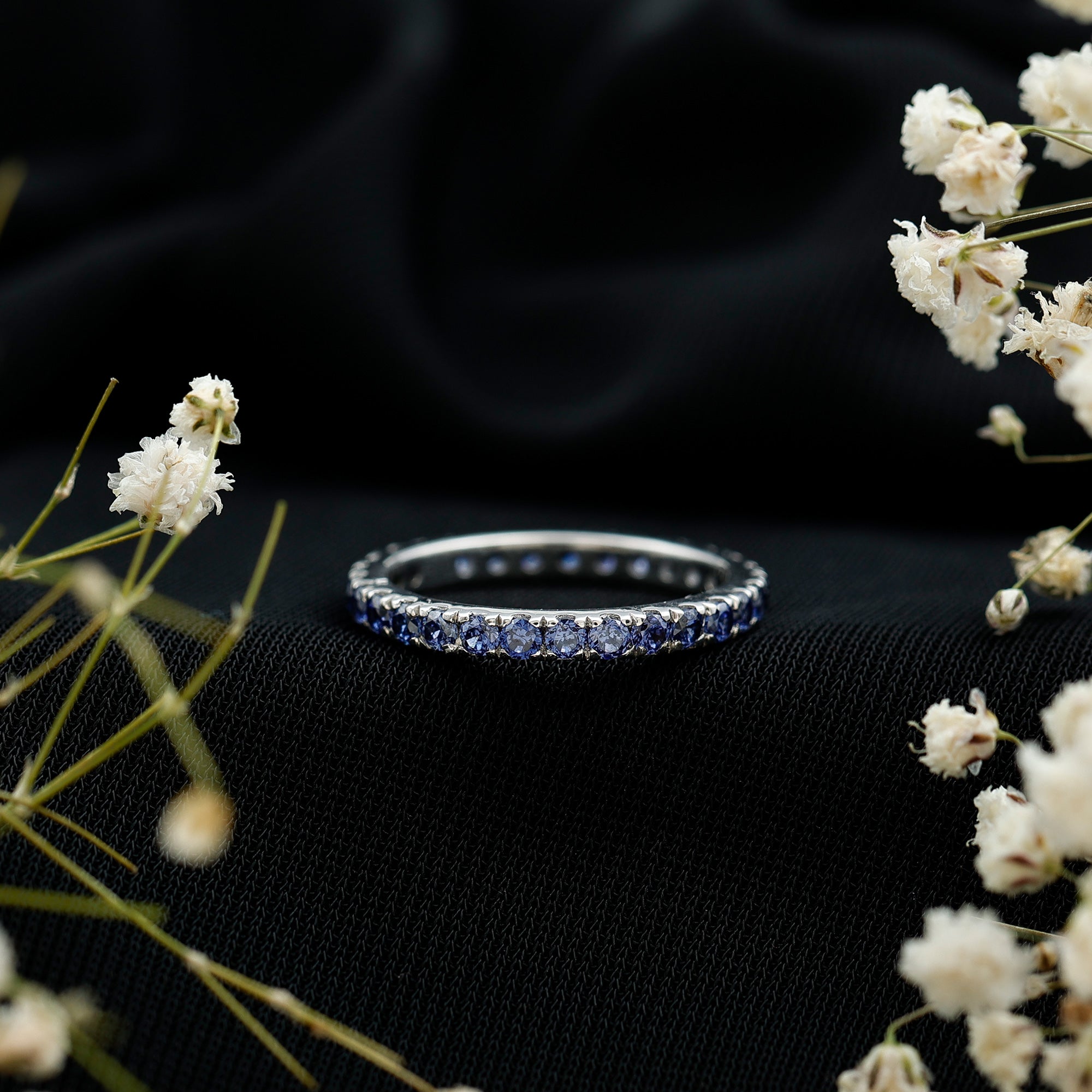 Certified Lab Created Blue Sapphire Full Eternity Stackable Ring AAAA - Rosec Jewels