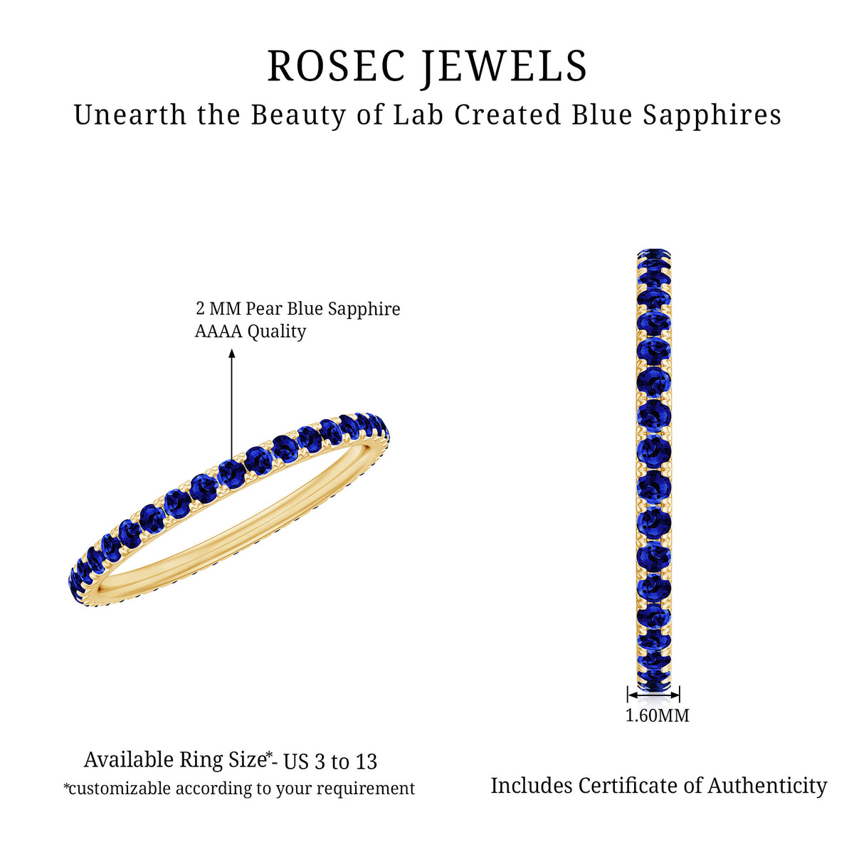 Certified Lab Created Blue Sapphire Full Eternity Stackable Ring AAAA - Rosec Jewels