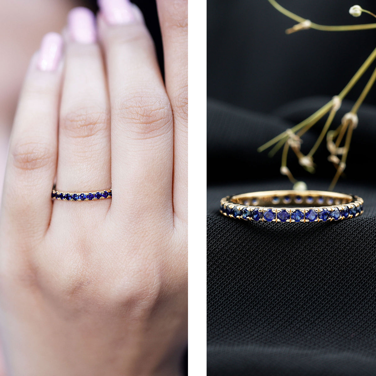 Certified Lab Created Blue Sapphire Full Eternity Stackable Ring AAAA - Rosec Jewels