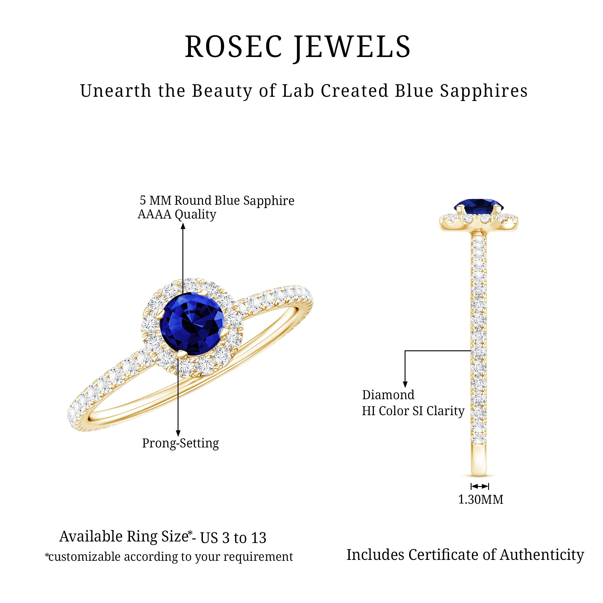 Lab Grown Blue Sapphire and Diamond Minimal Engagement Ring AAAA - Rosec Jewels