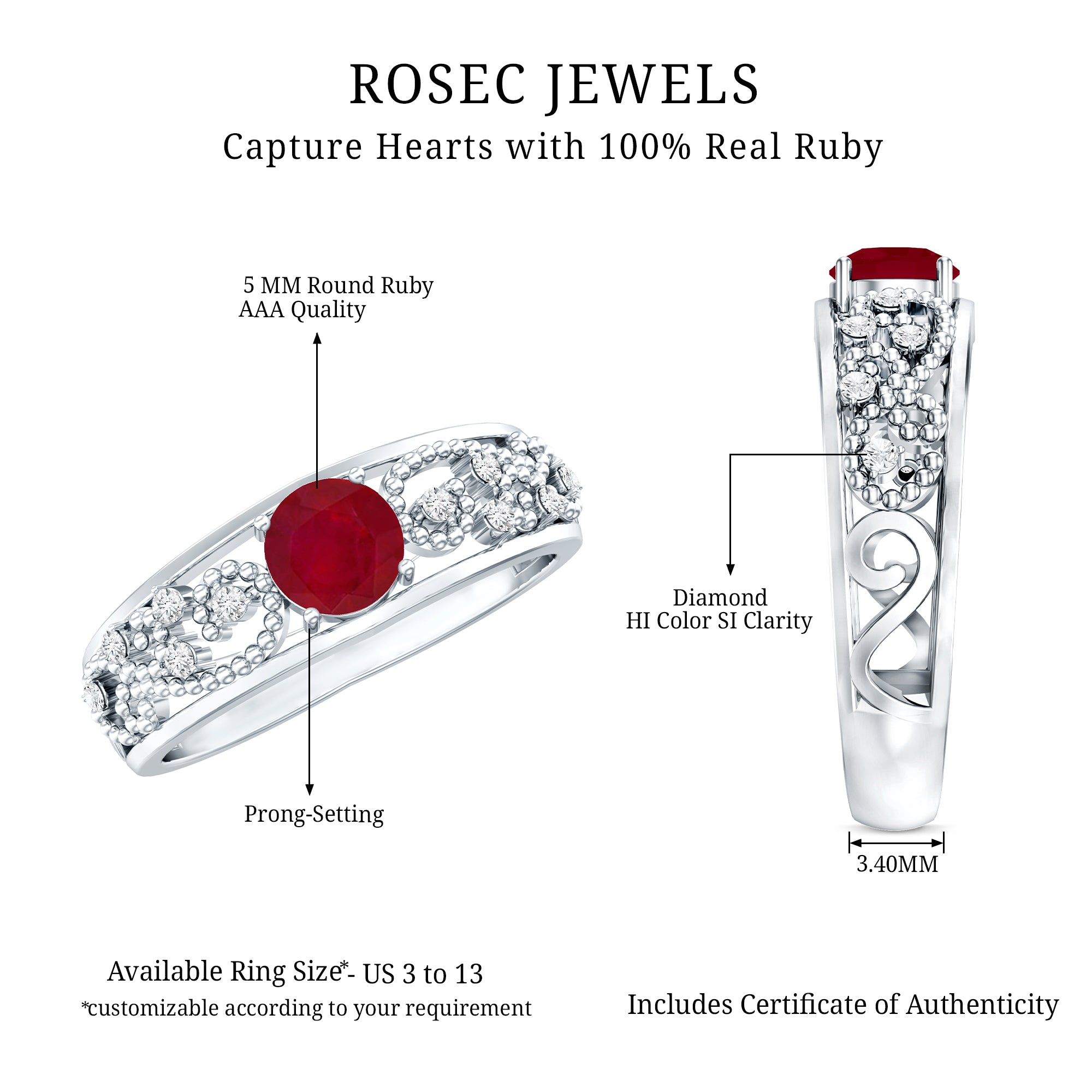 Natural 0.6 Carat Ruby Vintage Looking Engagement Ring with Diamond AAA - Rosec Jewels