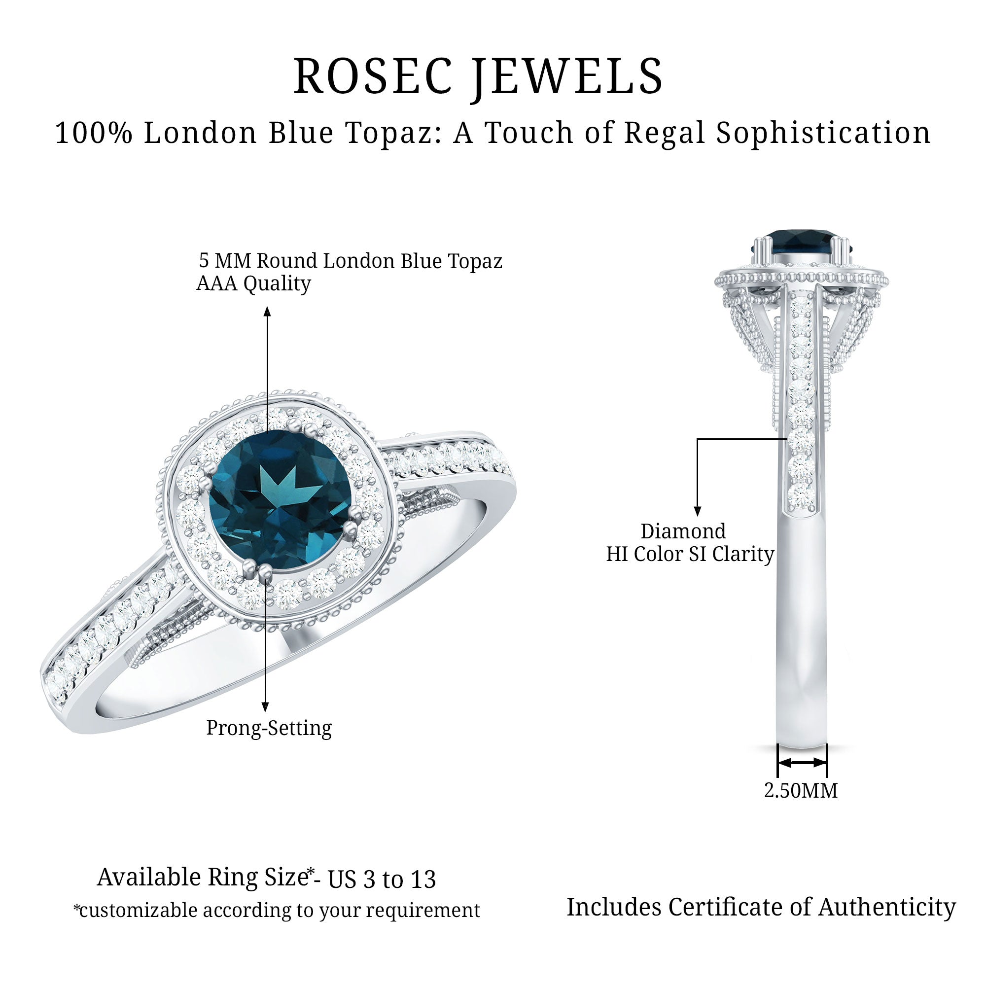 Vintage Looking London Blue Topaz Engagement Ring with Diamond Halo AAA - Rosec Jewels
