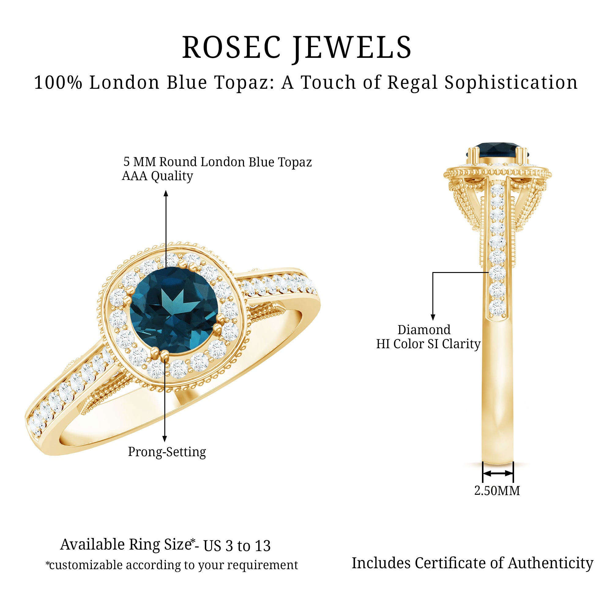 Vintage Looking London Blue Topaz Engagement Ring with Diamond Halo AAA - Rosec Jewels
