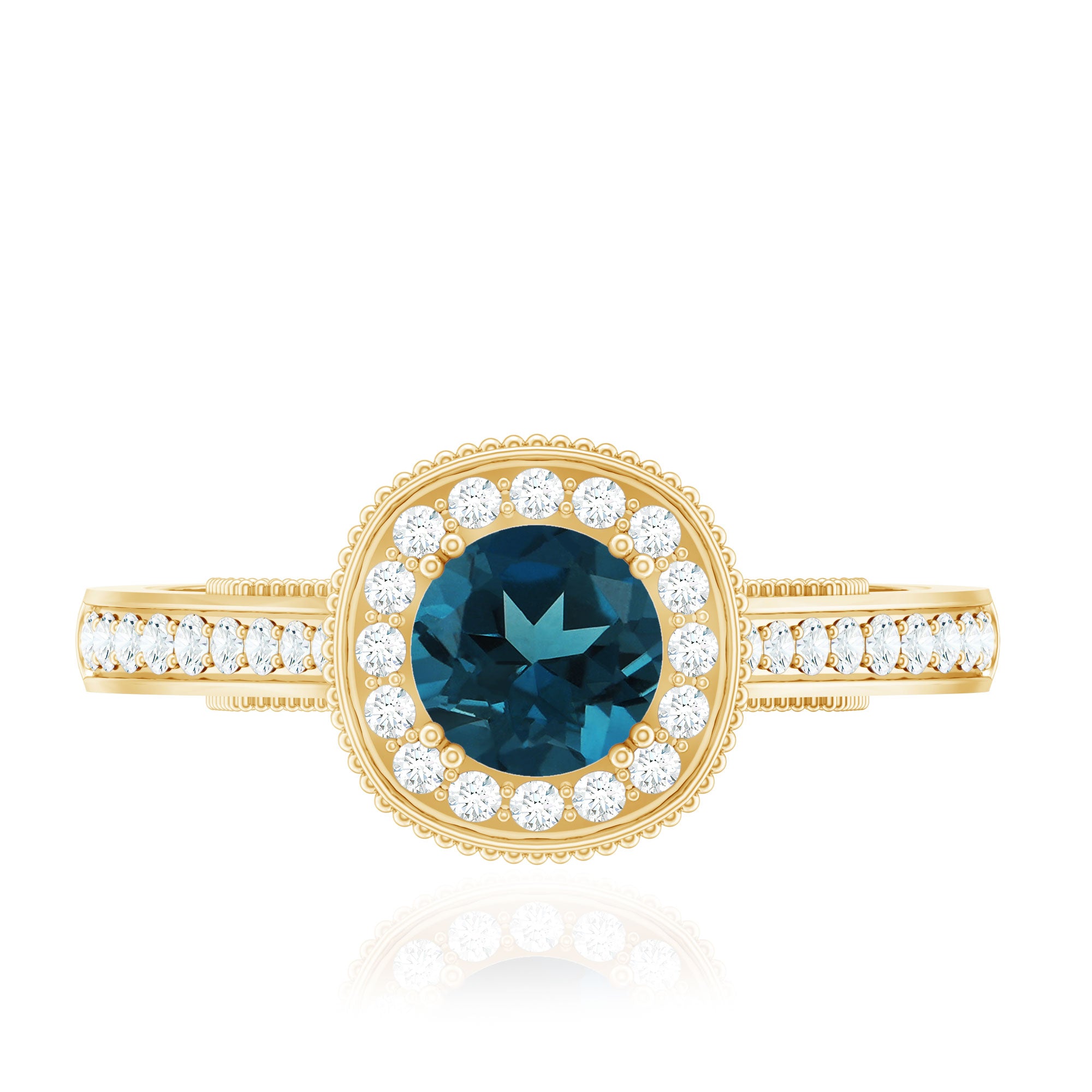 Vintage Looking London Blue Topaz Engagement Ring with Diamond Halo AAA - Rosec Jewels