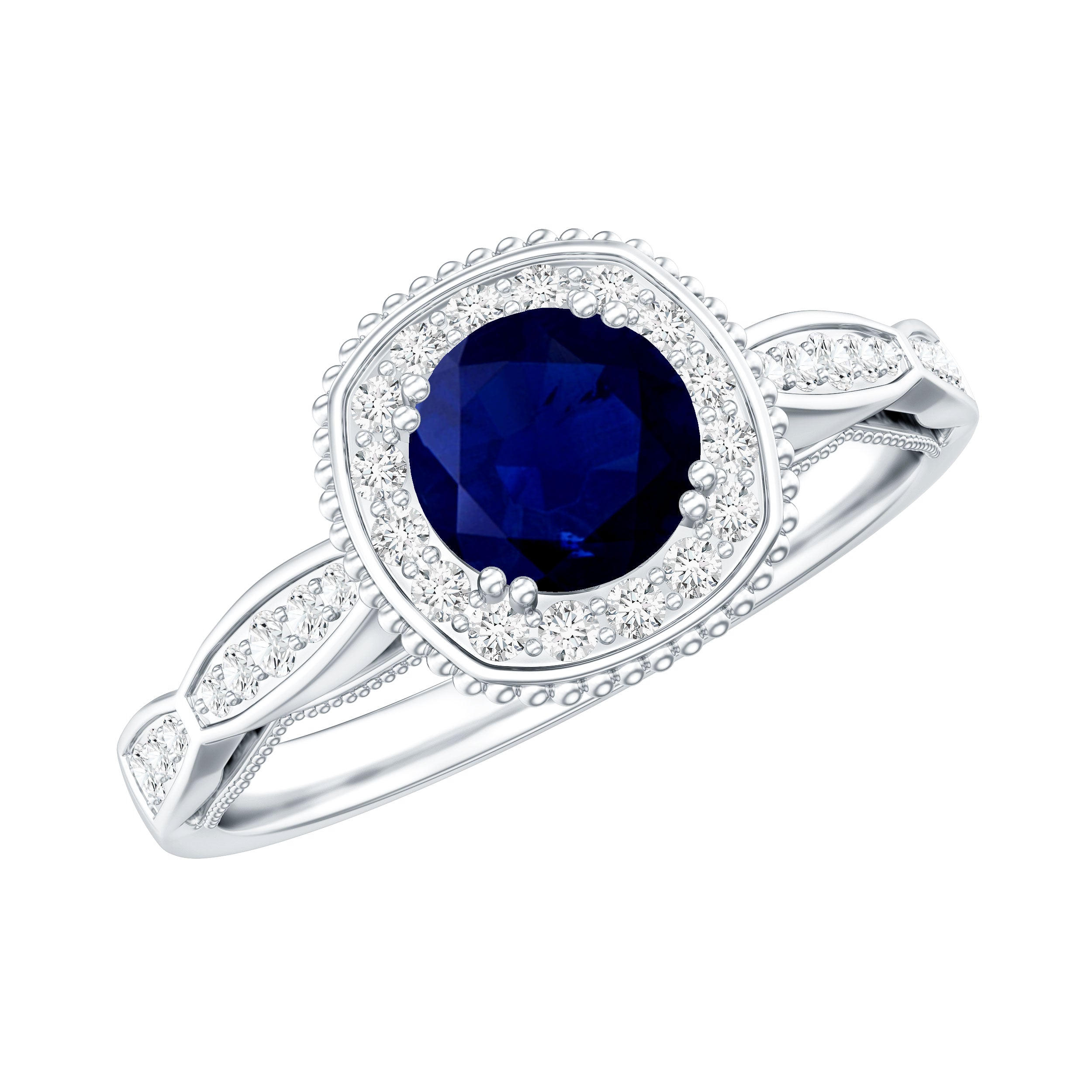 Round 0.9 Carat Blue Sapphire Antique Engagement Ring with Diamond Halo AAA - Rosec Jewels