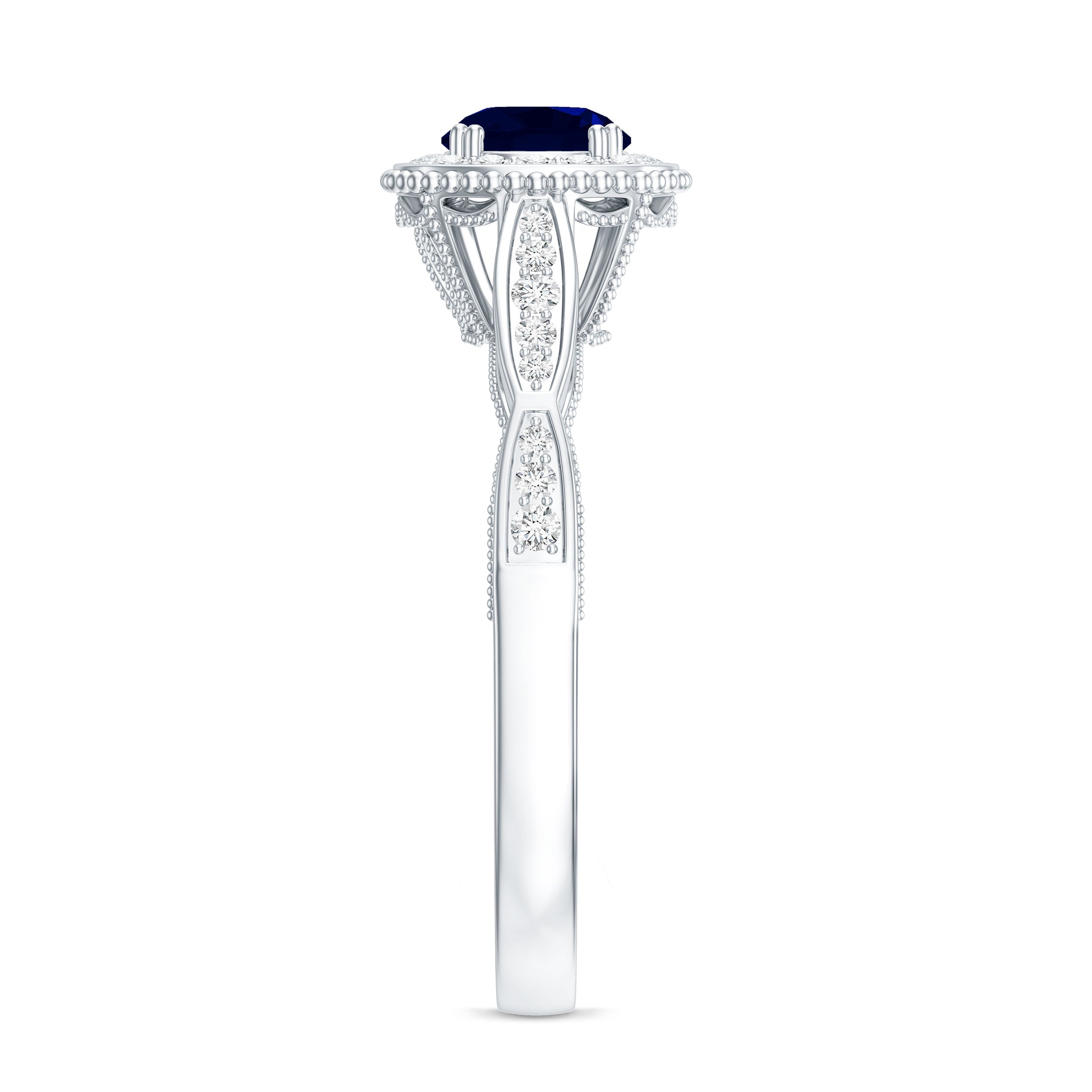 Round 0.9 Carat Blue Sapphire Antique Engagement Ring with Diamond Halo AAA - Rosec Jewels