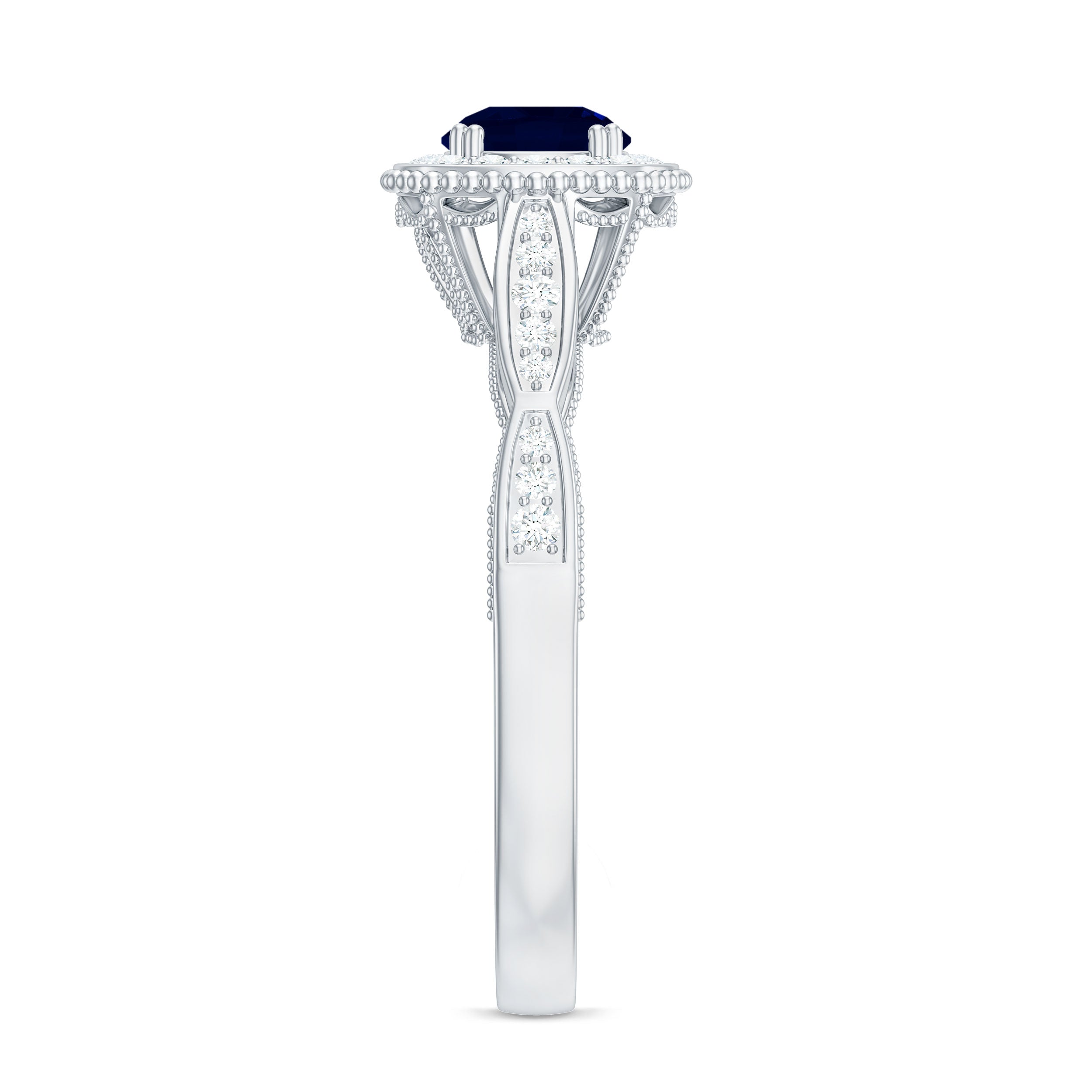 Rosec Jewels-Round 0.9 Carat Blue Sapphire Antique Engagement Ring with Diamond Halo